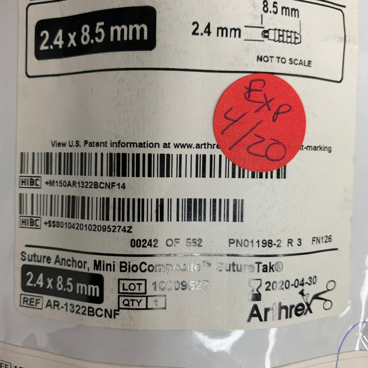ARTHREX AR-1322BCNF Mini BioComposite SutureTak Suture Anchor 2.4 x 8.5mm, EXP 2020-04