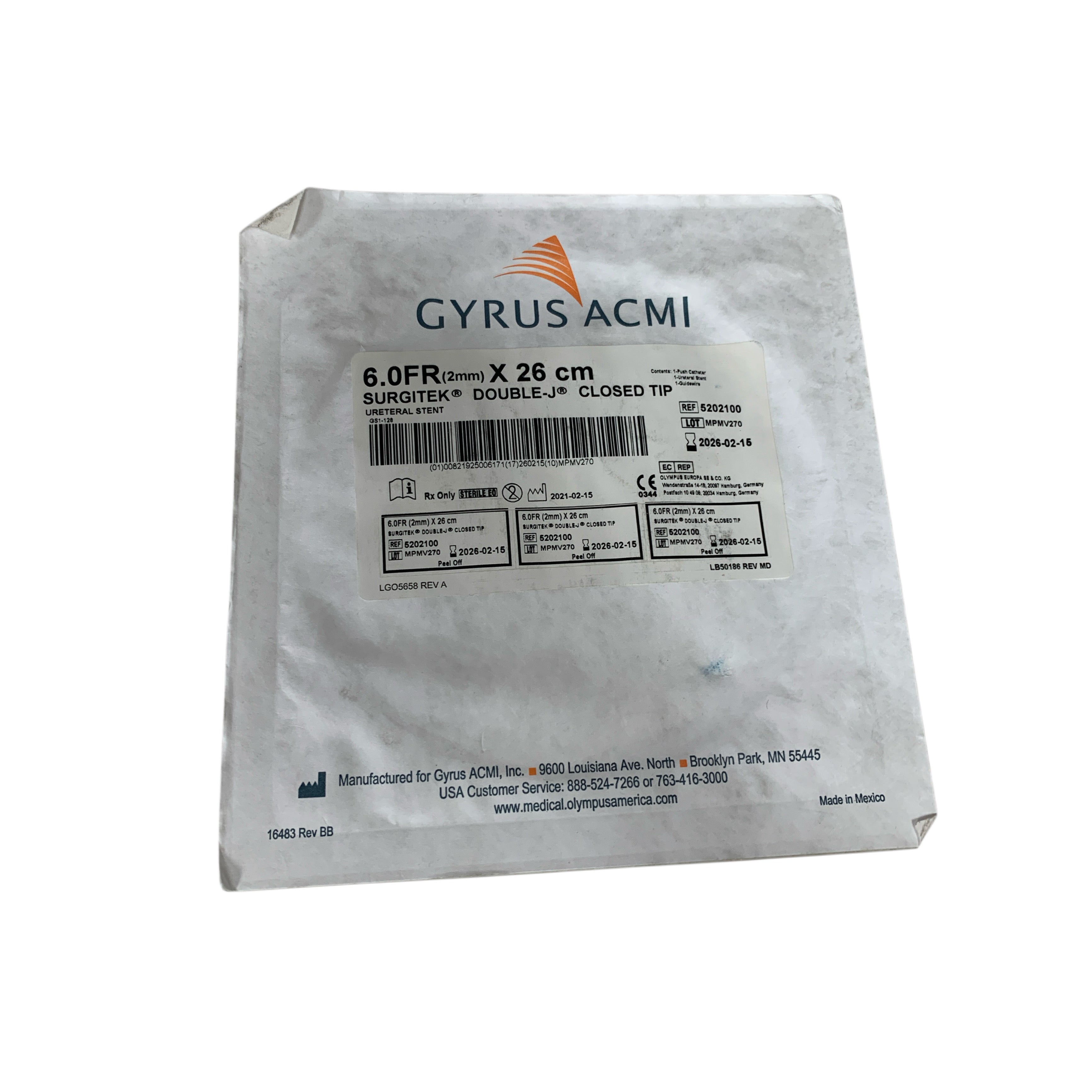 GYRUS ACMI REF 5202100 Surgitek Double-J Closed Tip Ureteral Stent 6.0FR x 26cm, Exp.2026/02