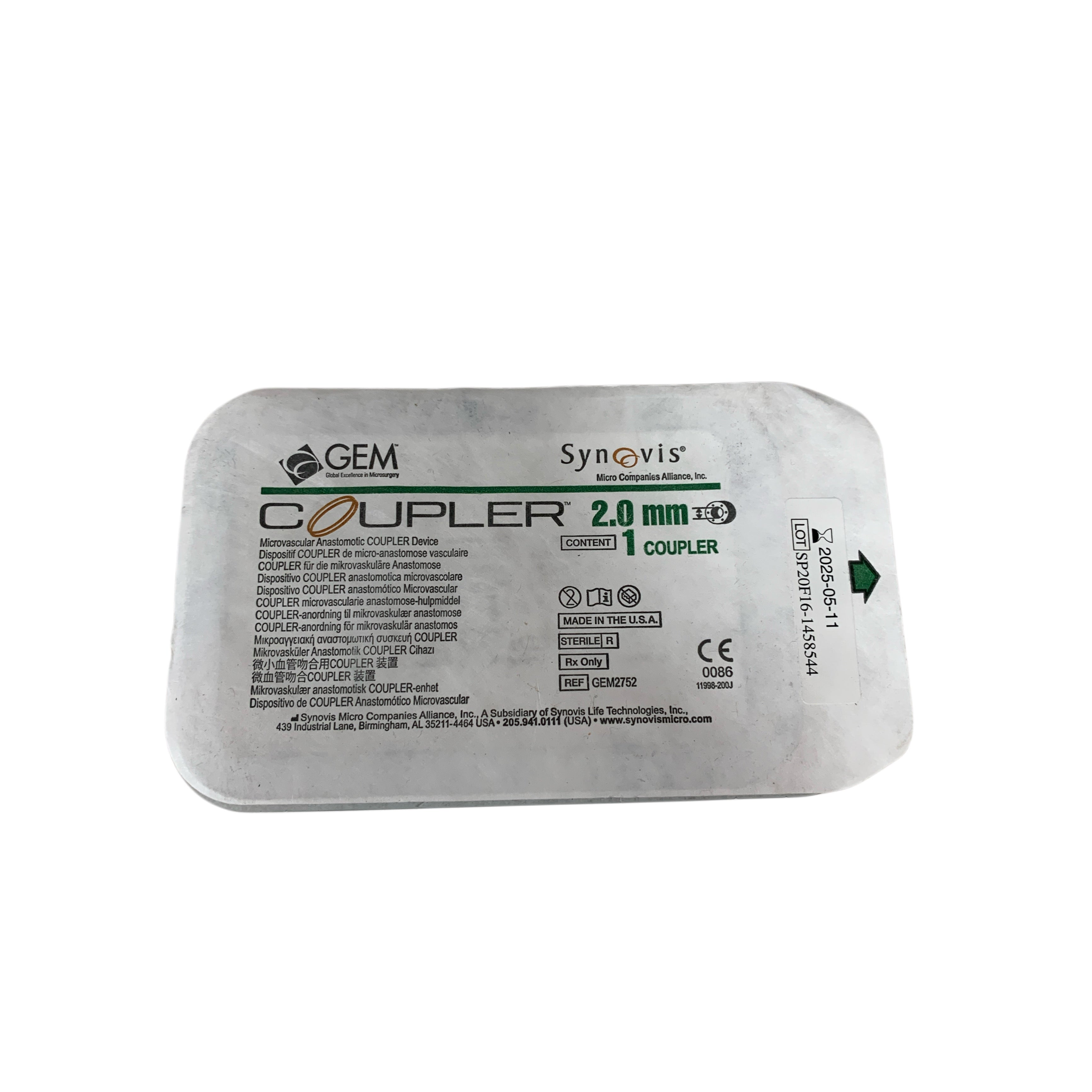 SYNOVIS REF GEM2752 GEM COUPLER Microvascular Anastomotic Coupler Device 2.0 mm, Exp.2025/05