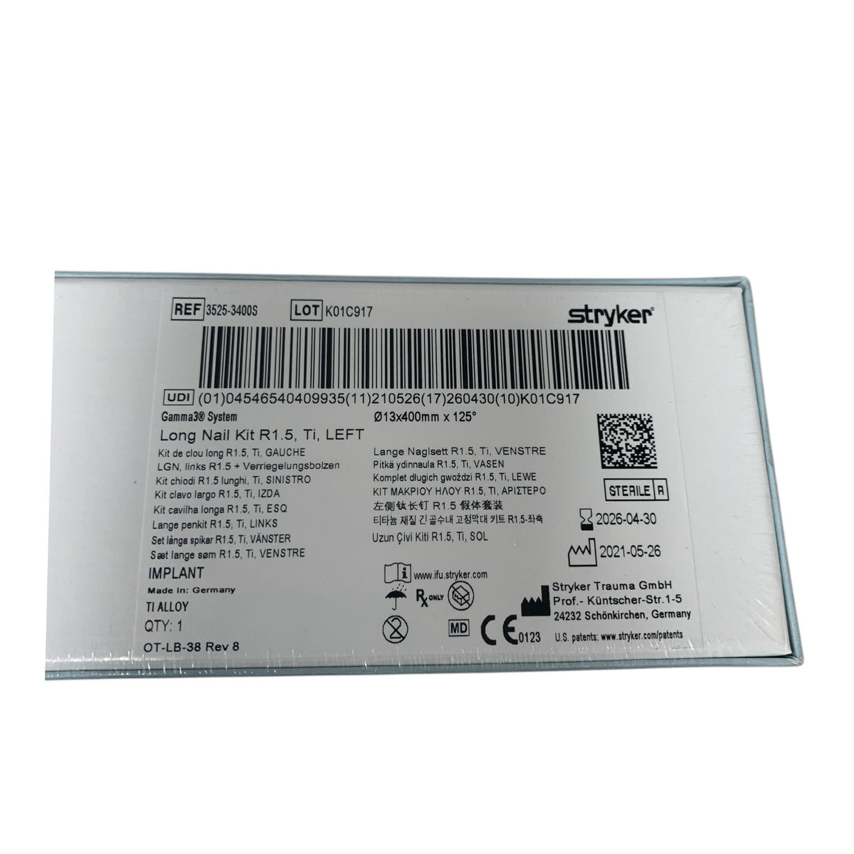 STRYKER 3525-3400S Gamma3 System Long Nail Kit R1.5 Ti LEFT 13x400mm x 125 Exp 2026 04