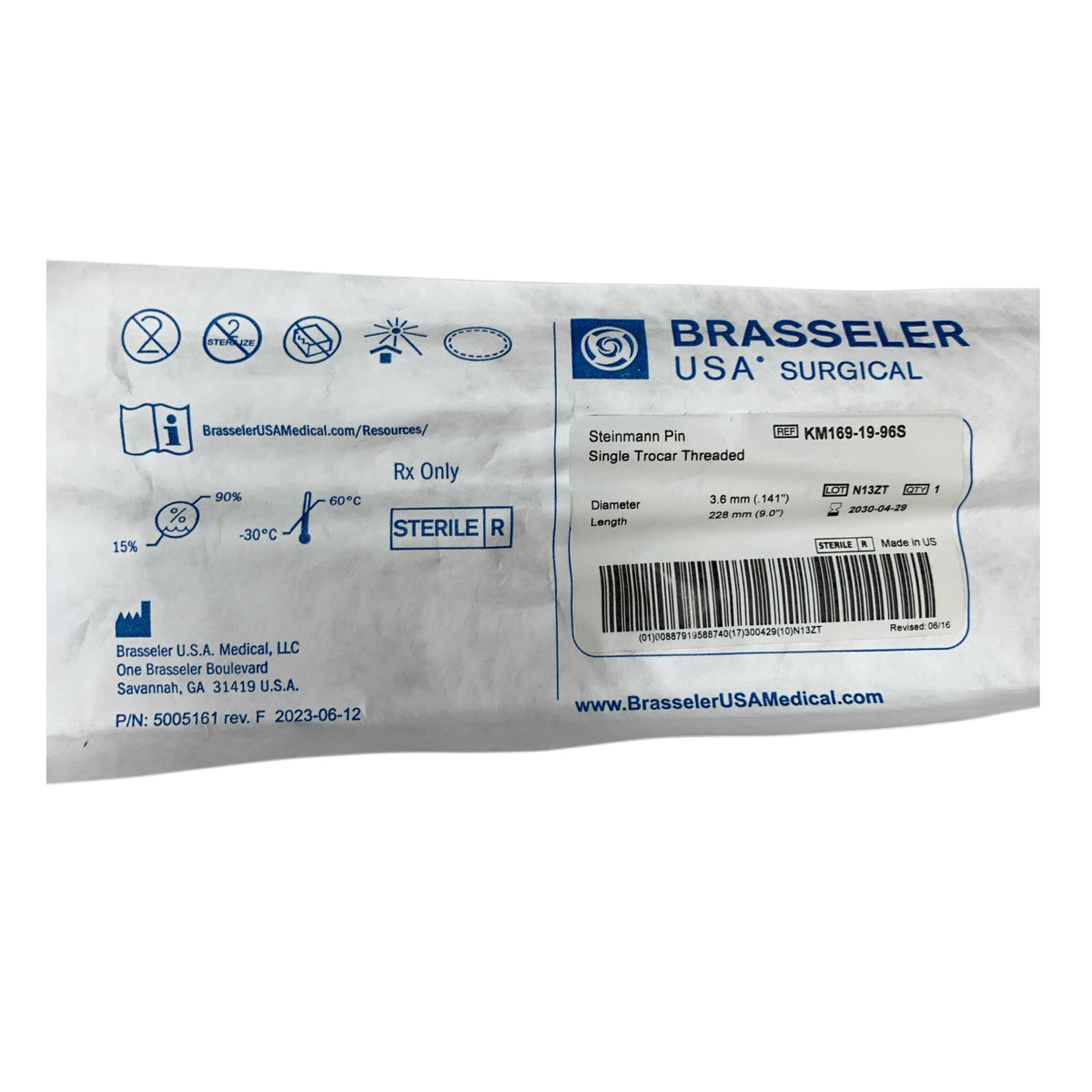 BRASSELER USA KM169-19-96S Steinmann Pin Single Trocar Threaded 3.6 mm .141" 228 mm 9.0" Exp 2030 04