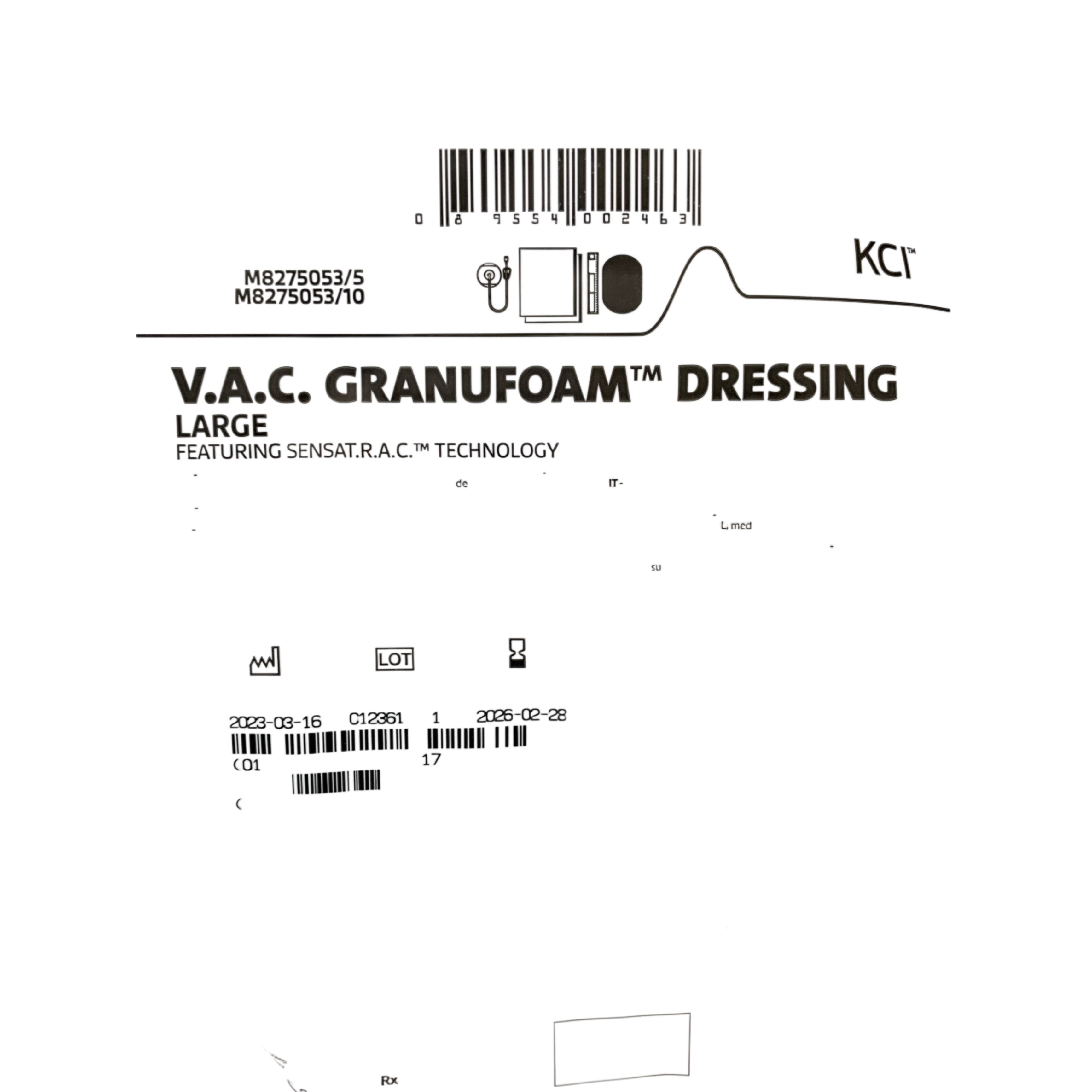 KCI REF M8275053/5 / M8275053/10 V.A.C. Granufoam Dressing Large Featuring SENSAT.R.A.C. Technology, Exp.2026/02