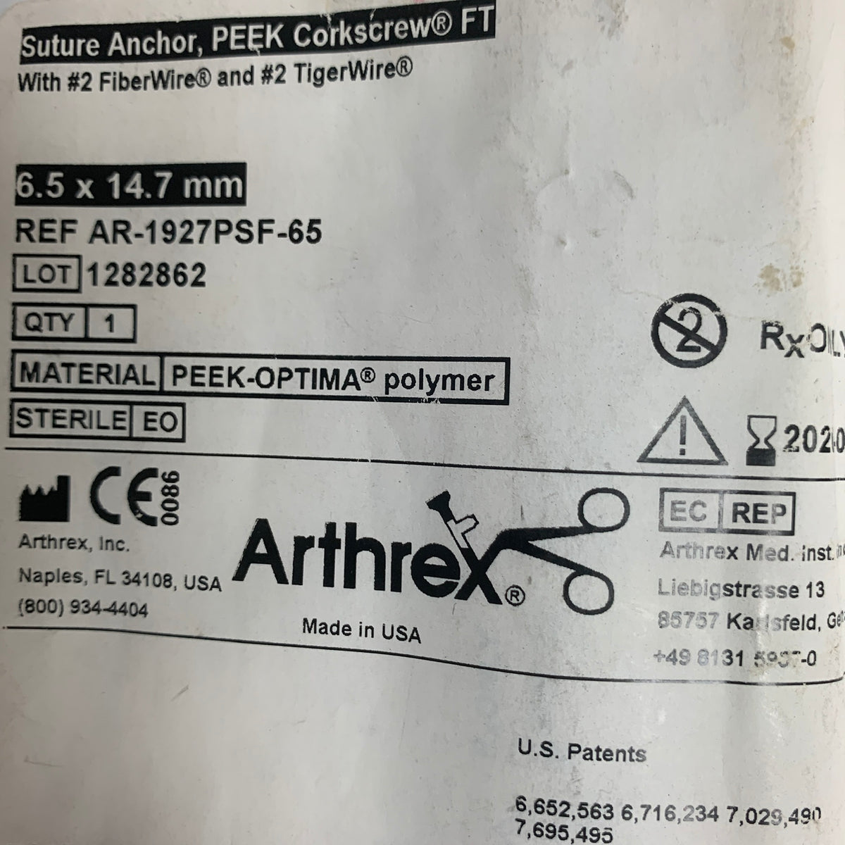 ARTHREX AR-1927PSF-65 PEEK Corkscrew FT Suture Anchor 6.5x14.7mm FiberWire, EXP 2020-02