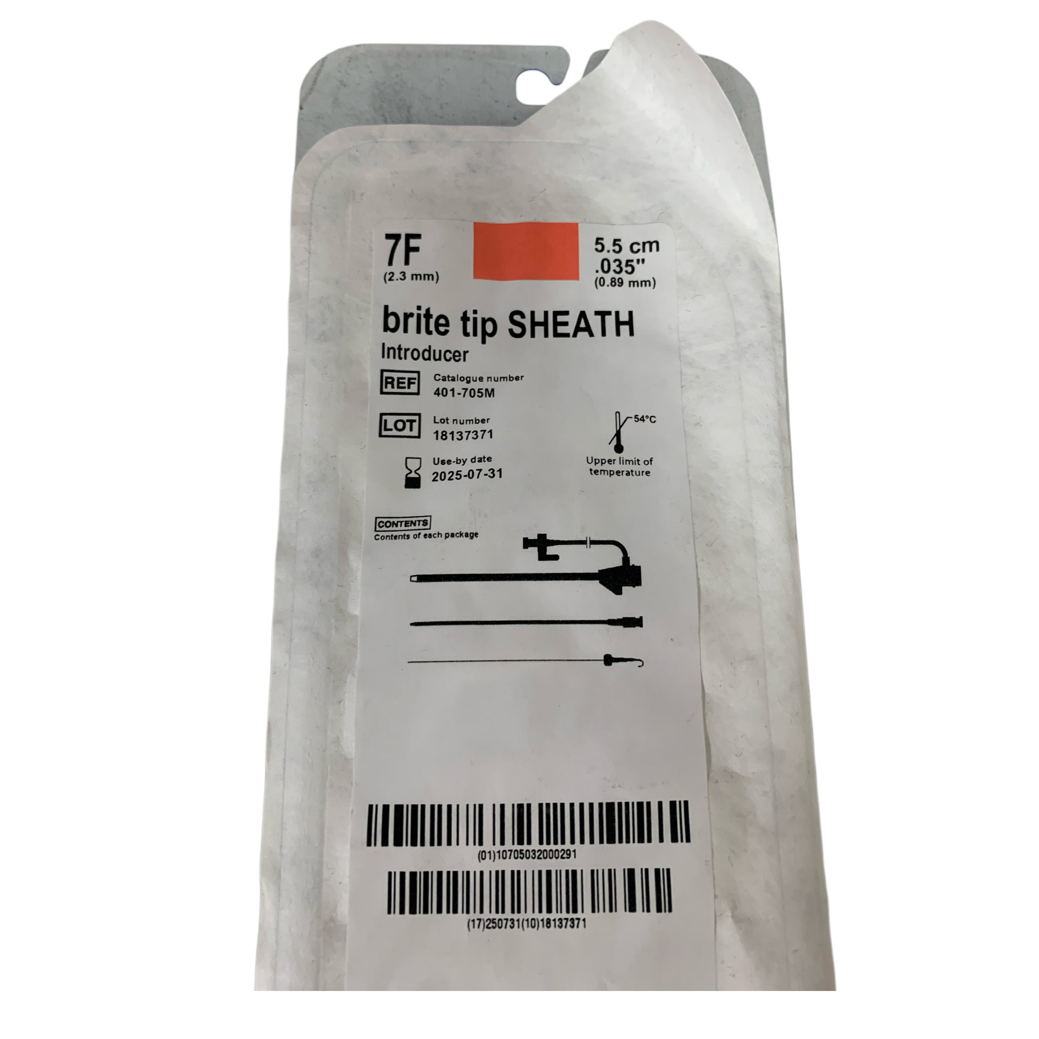 CORDIS REF 401-705M Brite Tip Sheath Introducer 7F 5.5cm .035", Exp.2025/07