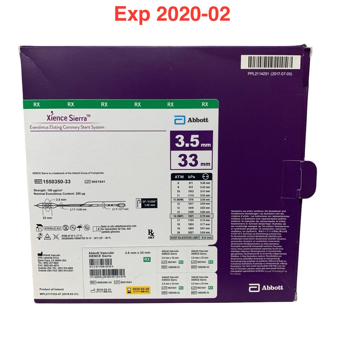 ABBOTT 1550350-33 Xience Sierra Everolimus Eluting Coronary Stent System 3.5 x 33 mm Exp 2020 02