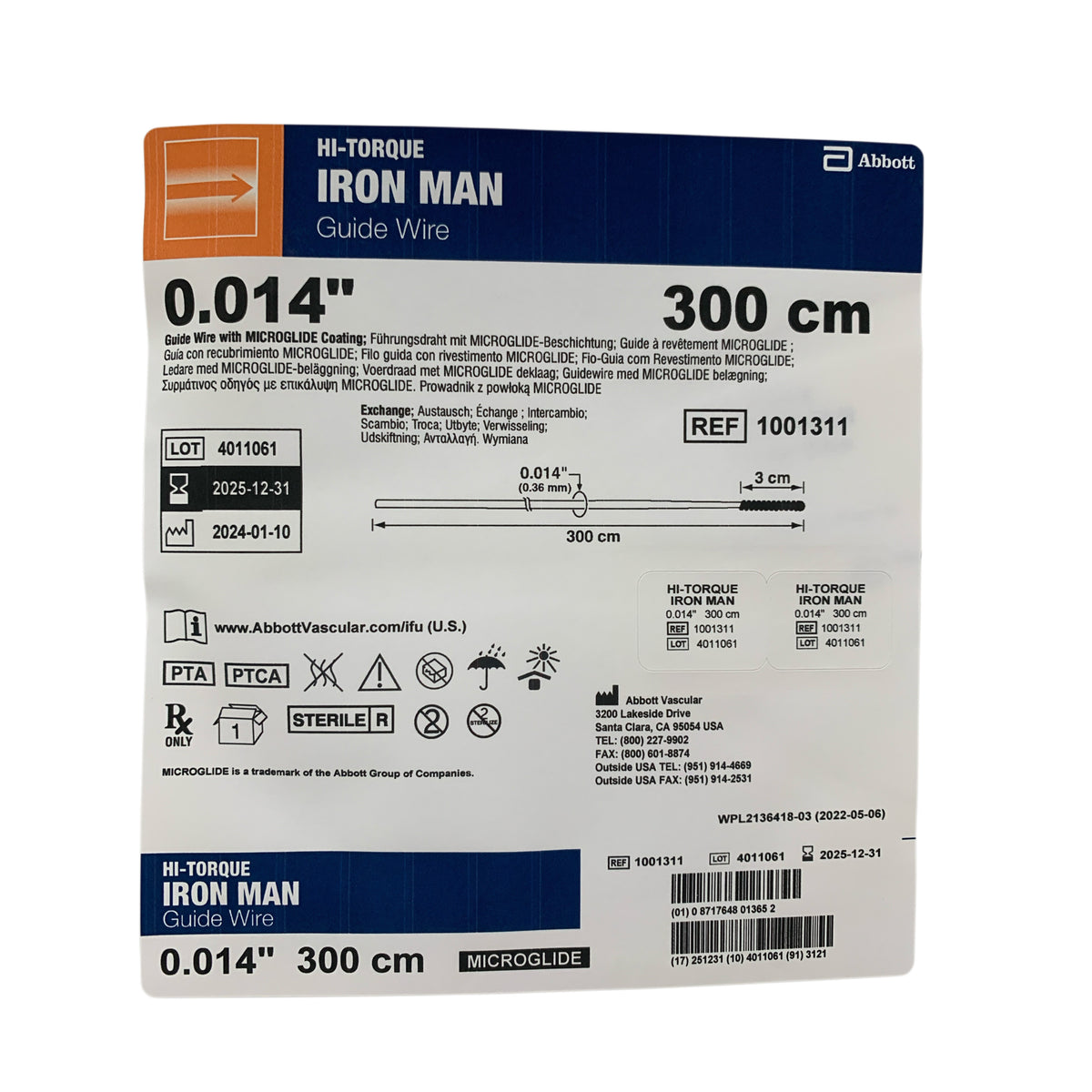 ABBOTT 1001311 HI-TORQUE IRON MAN Guide Wire 0.014" 300 cm Microglide Exp 2025 12