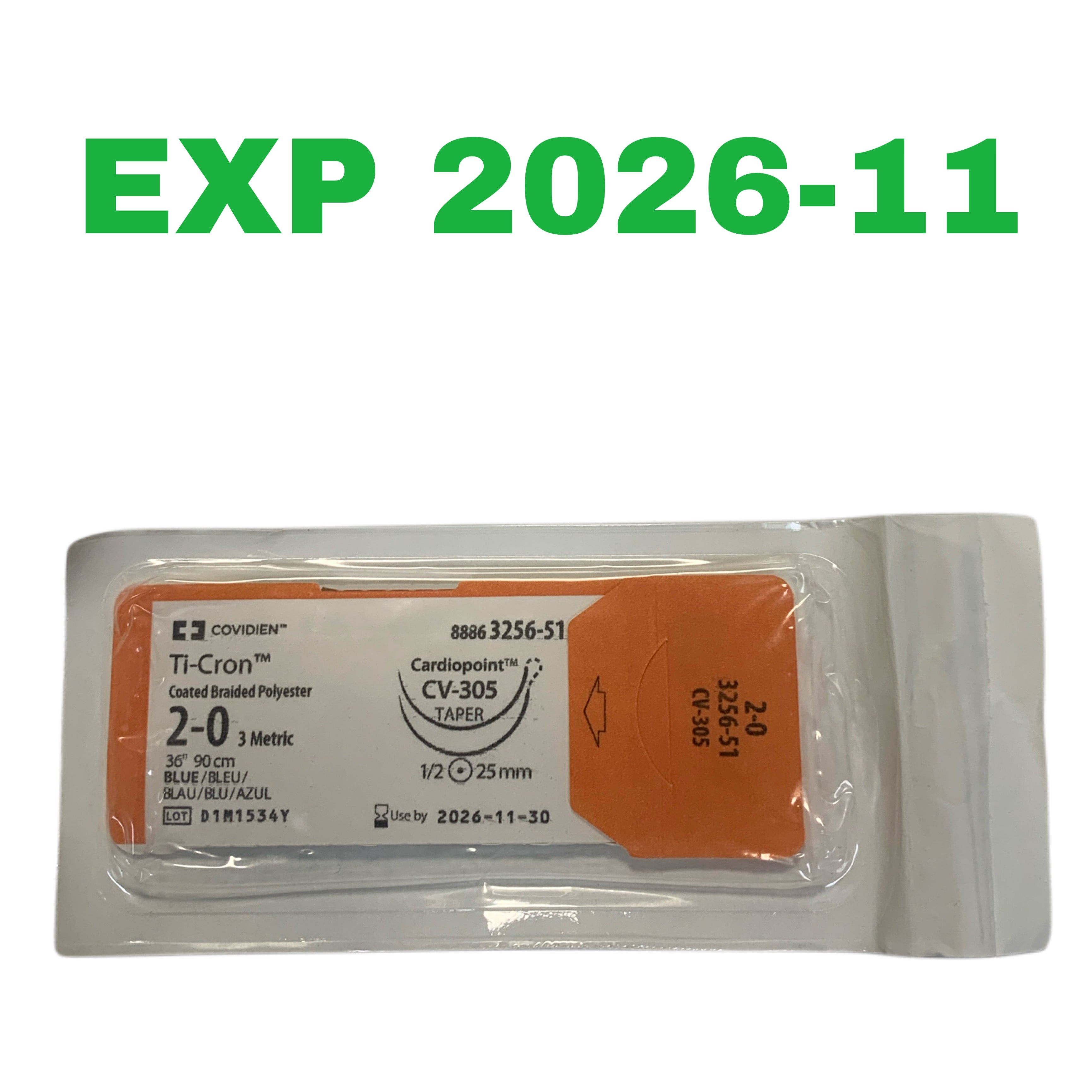 COVIDIEN REF 88863256-51 Ti-Cron Coated Braided Polyester Suture 2-0 Cardiopoint CV-305 Taper 1/2 Circle 25mm, Exp.2026/11