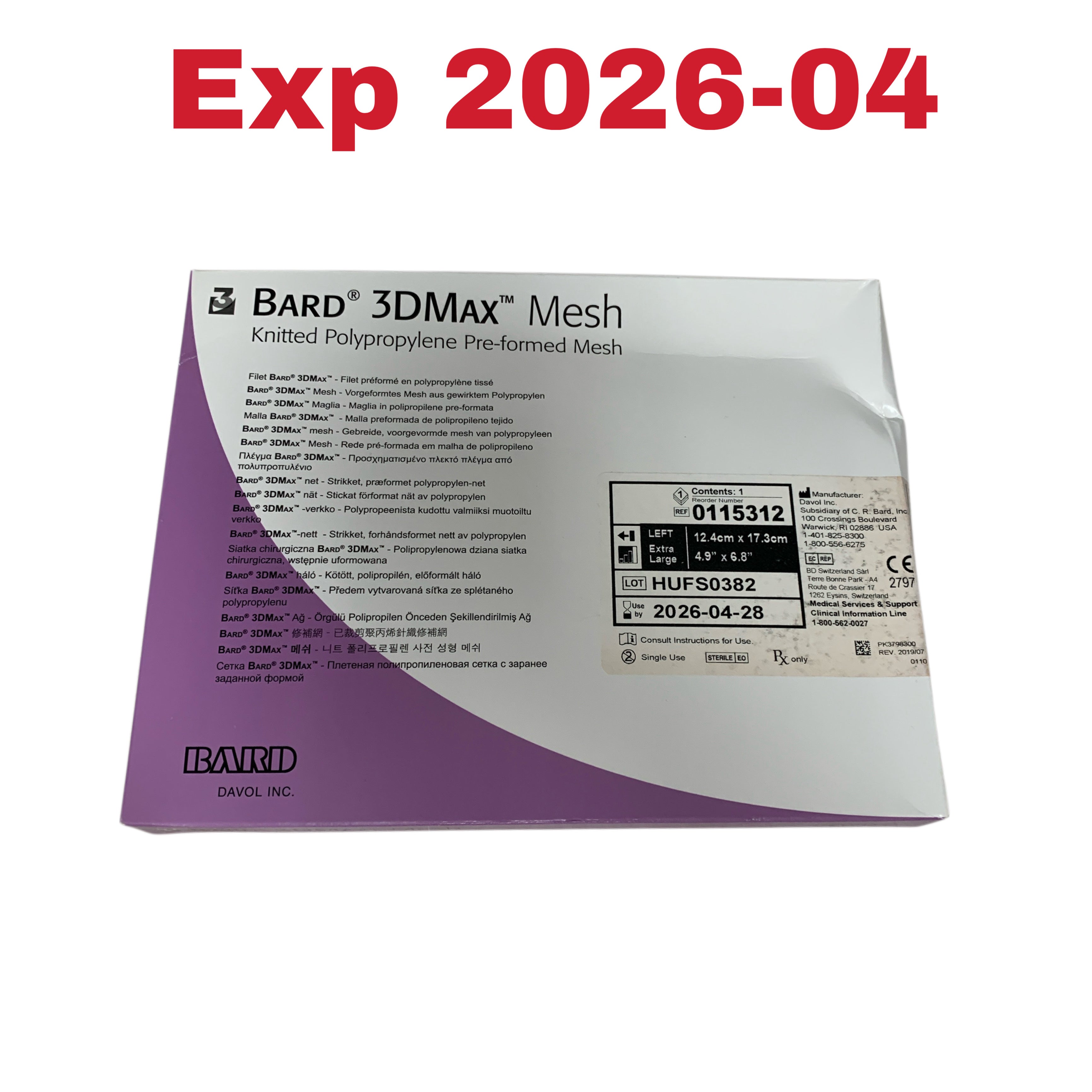 BARD DAVOL REF 0115312 3DMAX Mesh Knitted Polypropylene Pre-formed Mesh Left Extra Large 12.4cm x 17.3cm, Exp. 2026/04