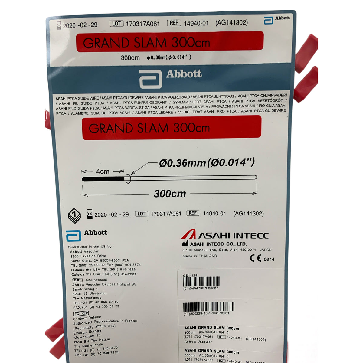ABBOTT Asahi 14940-01 Grand Slam PTCA Guide Wire 0.36mm 0.014in 300cm Exp 2020 02