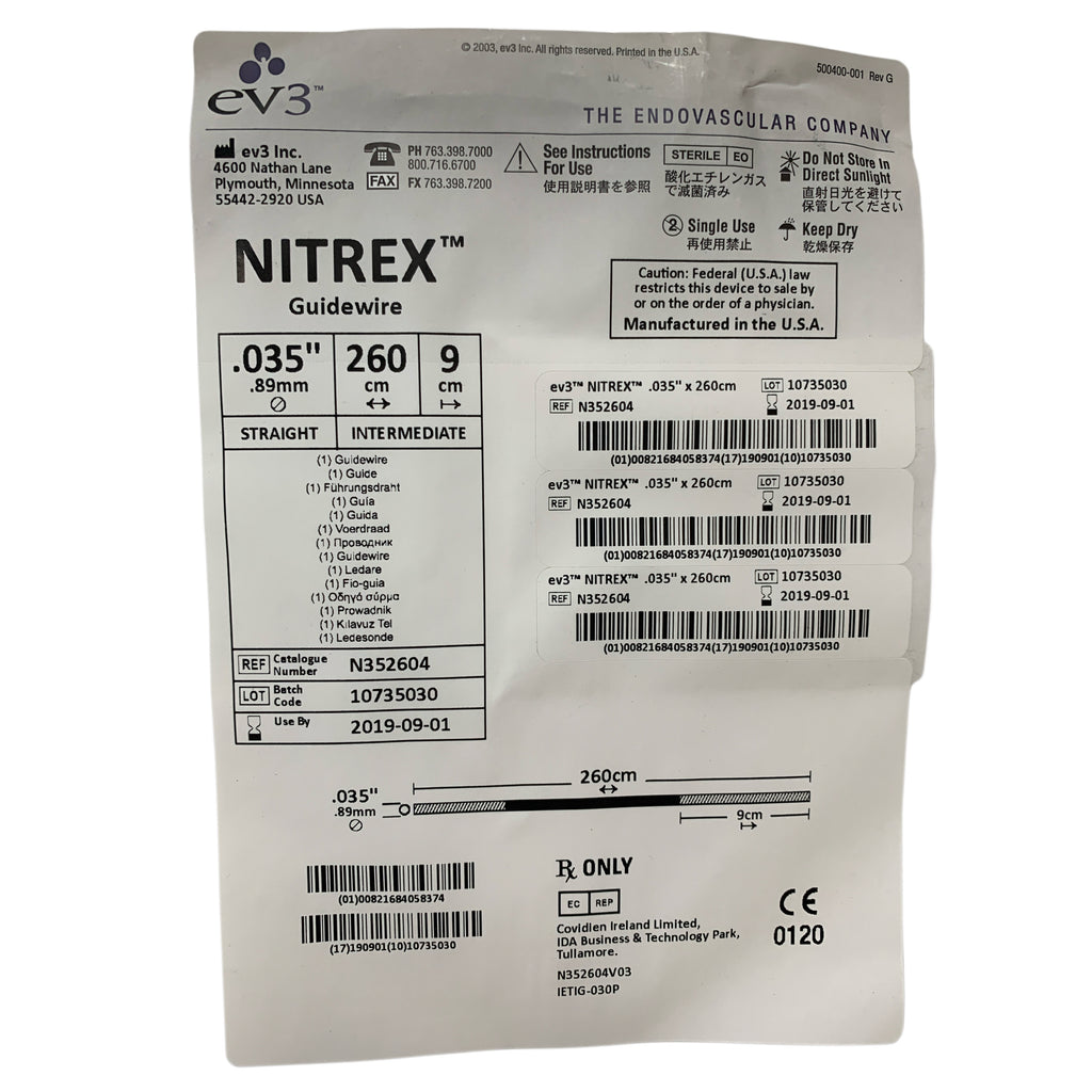 EV3 COVIDIEN N352604 Nitrex Straight Intermediate Guidewire .035" x 260 cm Exp 2019 09