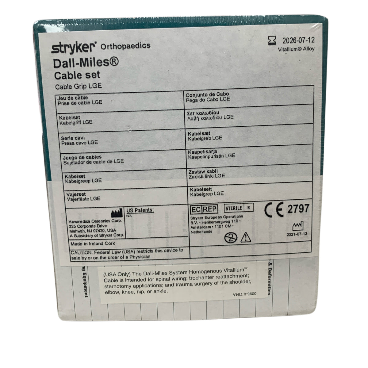 STRYKER 6704-0-310 Dall-Miles Cable set Cable Grip LGE 2.0mm Exp 2026 07
