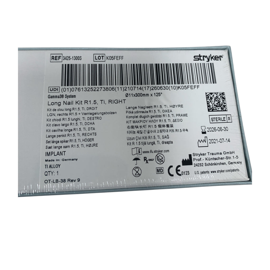 STRYKER 3425-1300S Gamma3 System Long Nail Kit R1.5 Ti RIGHT 11x300mm x 125 Exp 2026 06