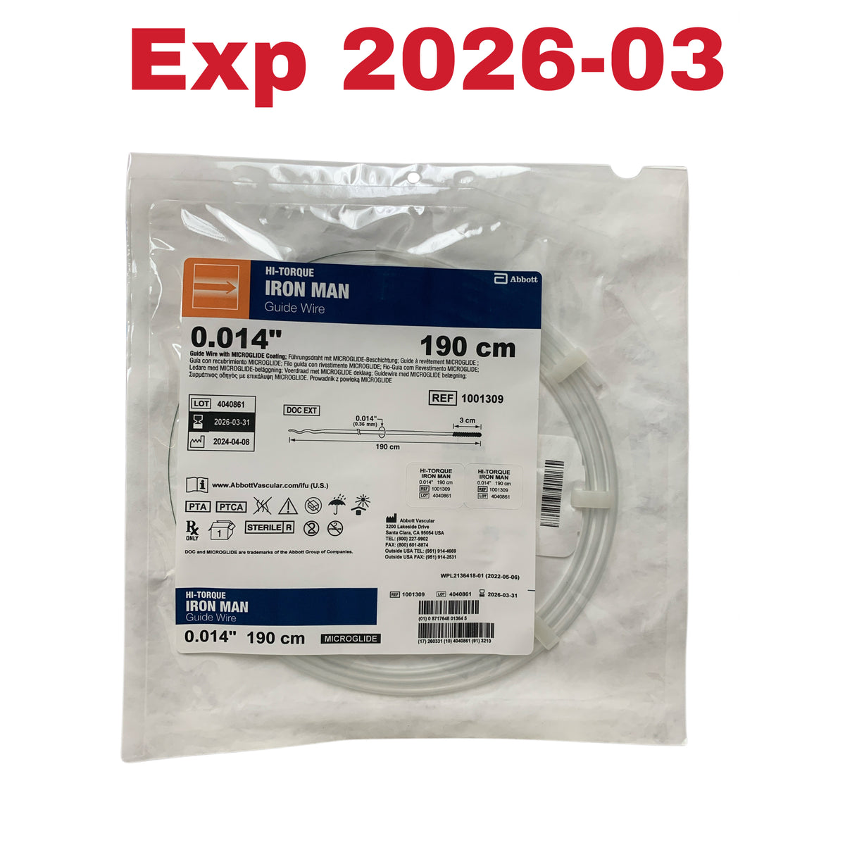 ABBOTT 1001309 HI-TORQUE IRON MAN Guide Wire 0.014" 190 cm Microglide Exp 2026 03