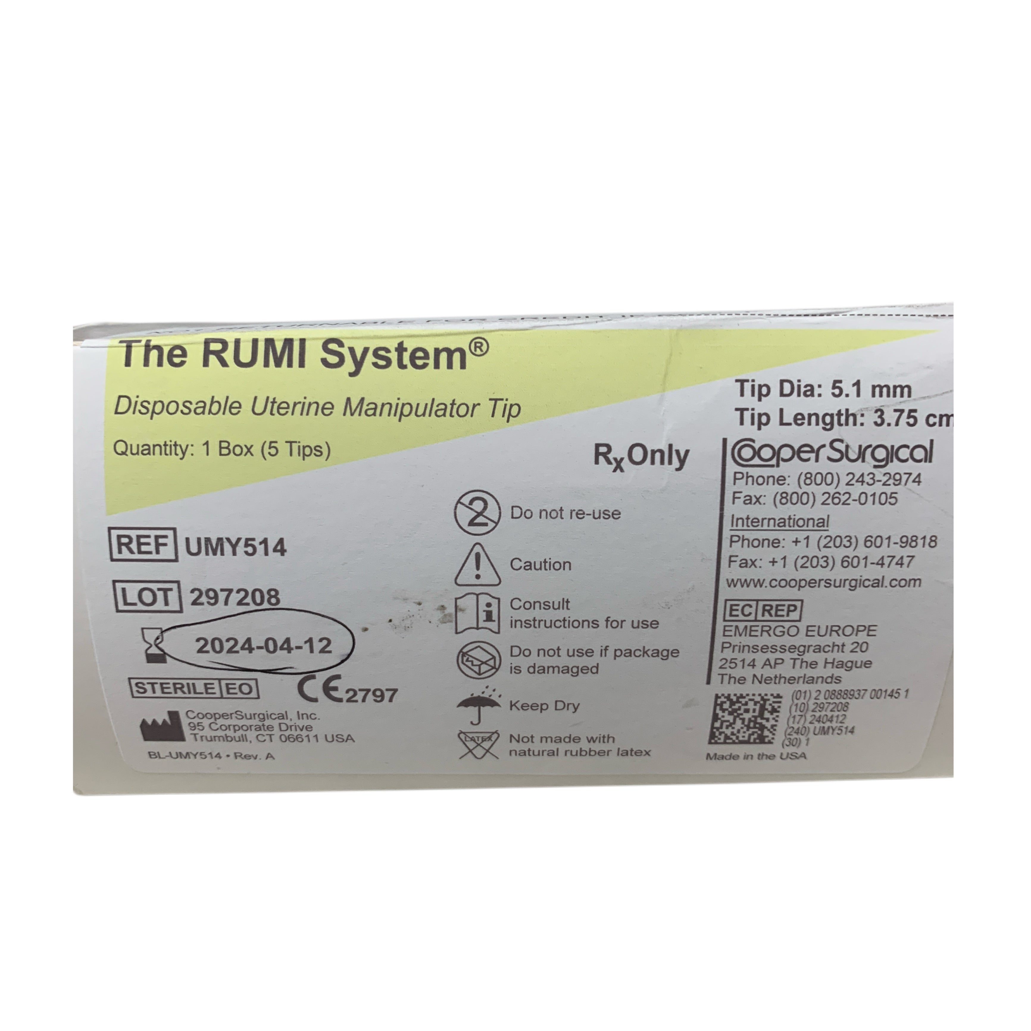 COOPER SURGICAL REF UMY514 The RUMI System Disposable Uterine Manipulator Tip 5.1mm, Exp.2024/04