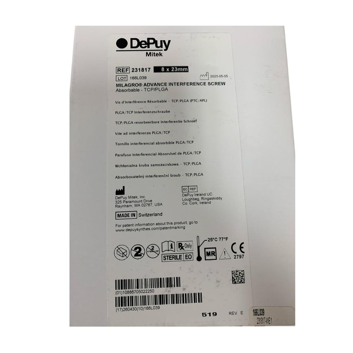 DEPUY MITEK 231817 Milagro Advance Interference Screw Absorbable TCP/PLGA 8 x 23mm Exp 2026 04
