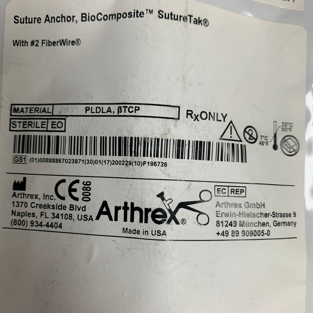 ARTHREX AR-1934BCF BioComposite SutureTak Suture Anchor 3x14.5mm, EXP 2020-02