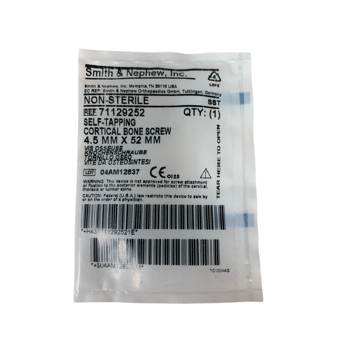 SMITH & NEPHEW 71129252 Self Tapping Cortical Bone Screw 4.5 mm x 52 mm Non Sterile