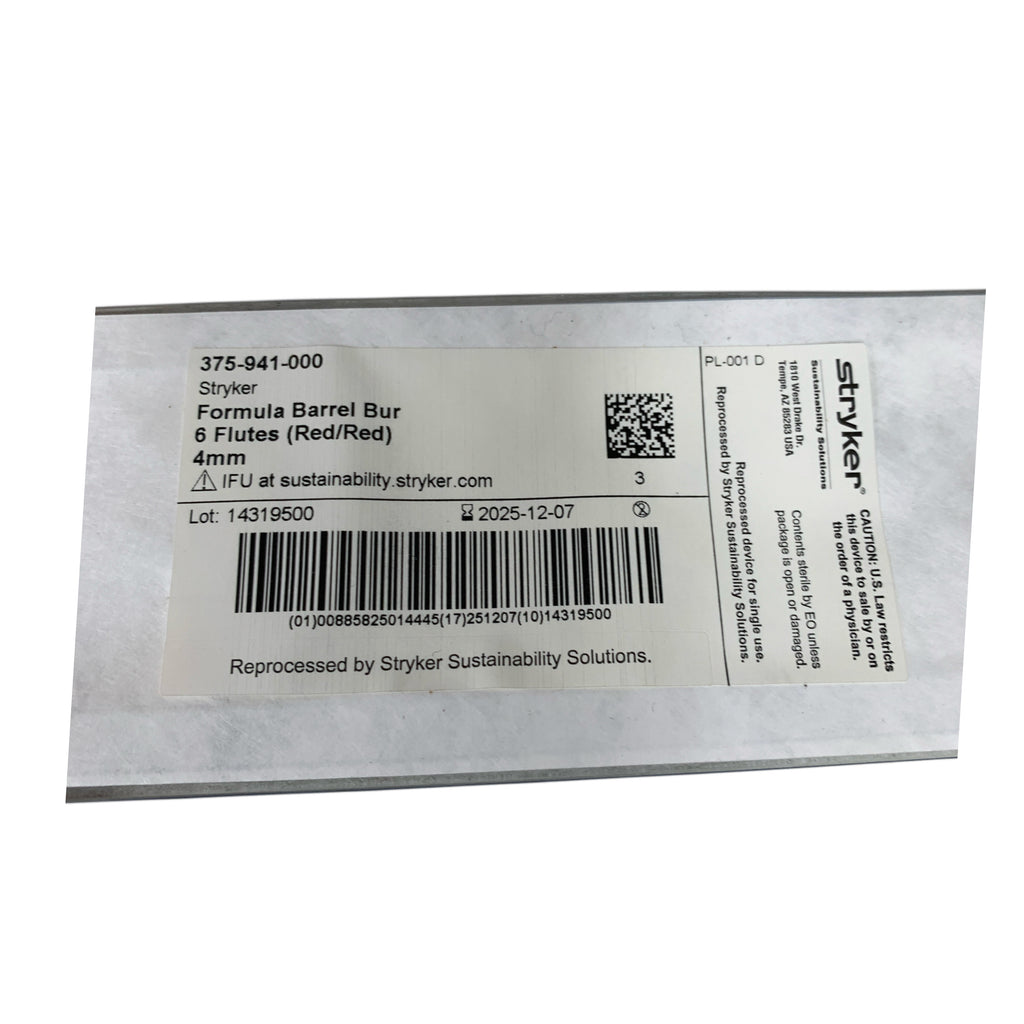 STRYKER 375-941-000 Formula Barrel Bur 6 Flutes Red/Red Reprocessed 4mm Exp 2025 12