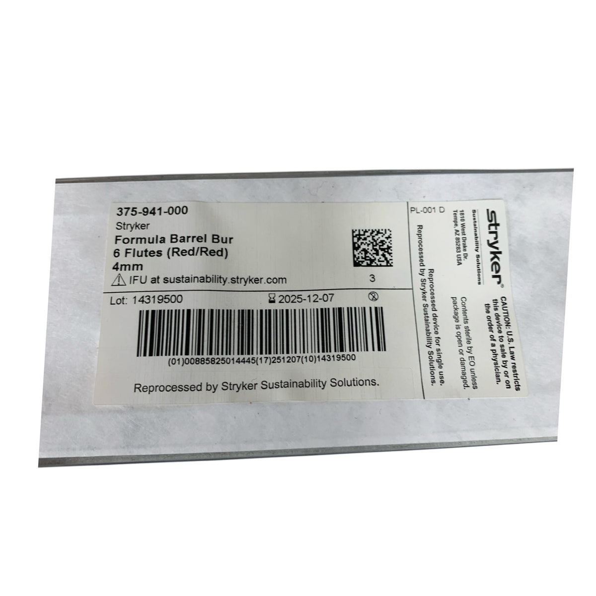 STRYKER 375-941-000 Formula Barrel Bur 6 Flutes Red/Red Reprocessed 4mm Exp 2025 12