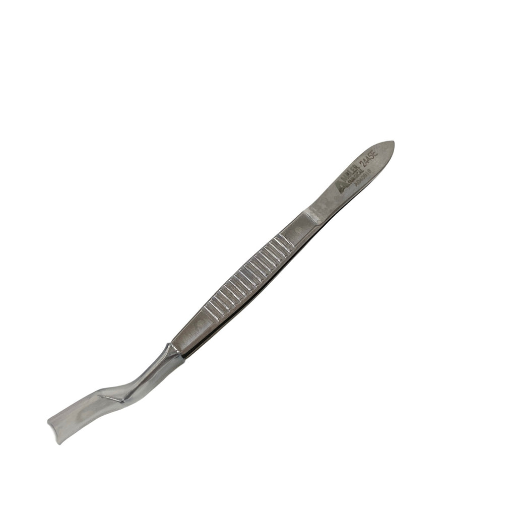 AMBLER REF 2445E McPherson tying forceps 3 3/8'',angled shafts, 4.0mm from bend to tip, 4.0mm tying platforms, narrow serrated flat handle