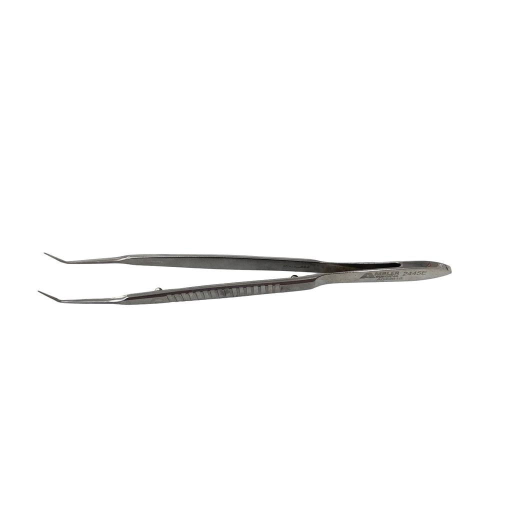 AMBLER REF 2445E McPherson tying forceps 3 3/8'',angled shafts, 4.0mm from bend to tip, 4.0mm tying platforms, narrow serrated flat handle