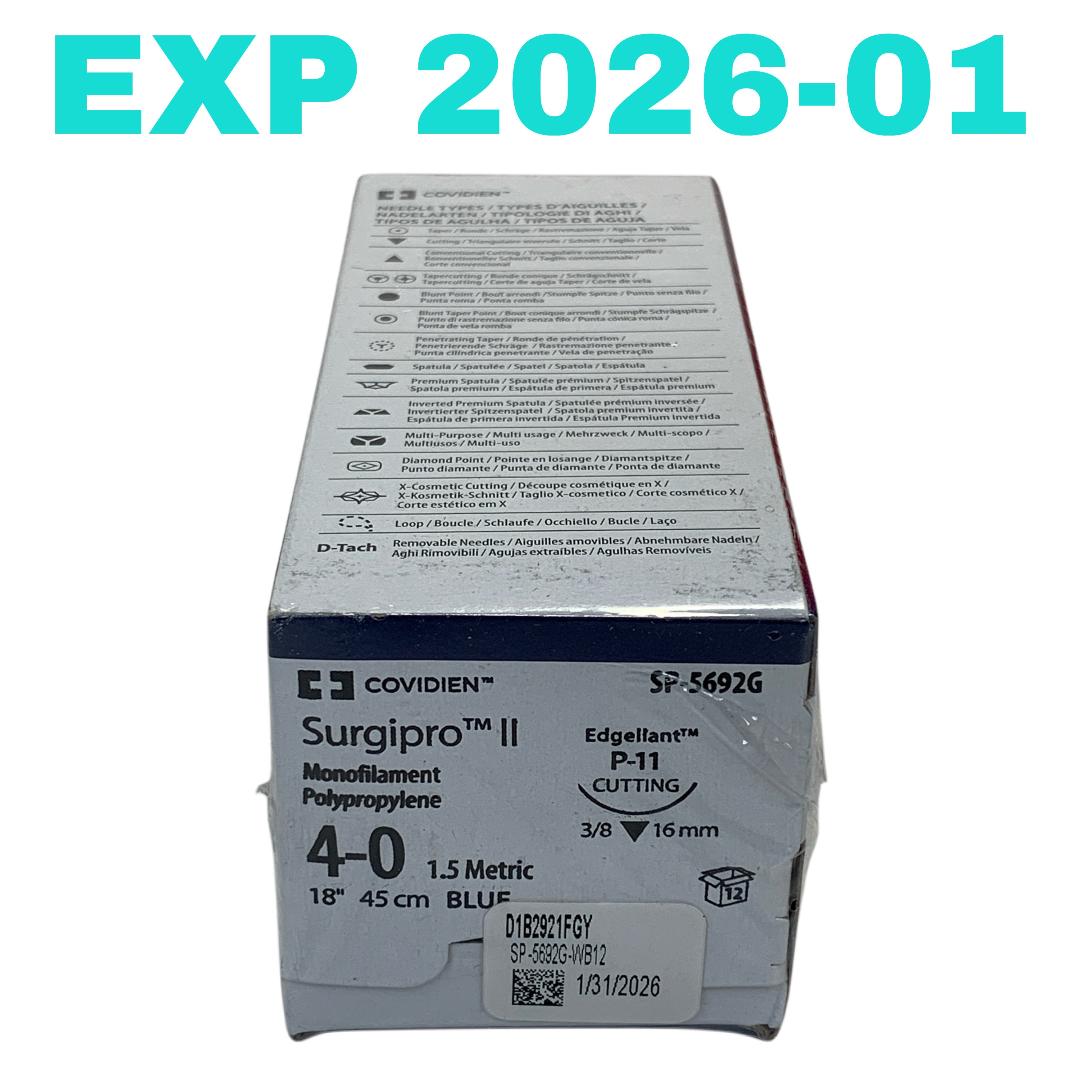 COVIDIEN REF SP-5692G Surgipro II Monofilament Polypropylene Suture 4-0 18" 45cm Blue Edgeant P-11 Cutting 3/8 16mm Box of 12, EXP.2026/01