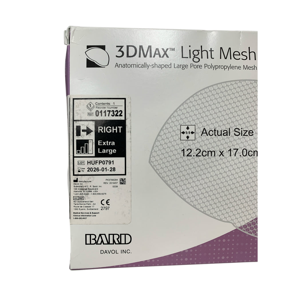 BARD REF 0117322 3DMAX Light Mesh Anatomically-Shaped Large Pore Polypropylene Mesh, Right, Extra Large, 12.2cm x 17.0cm, Exp.2026/01