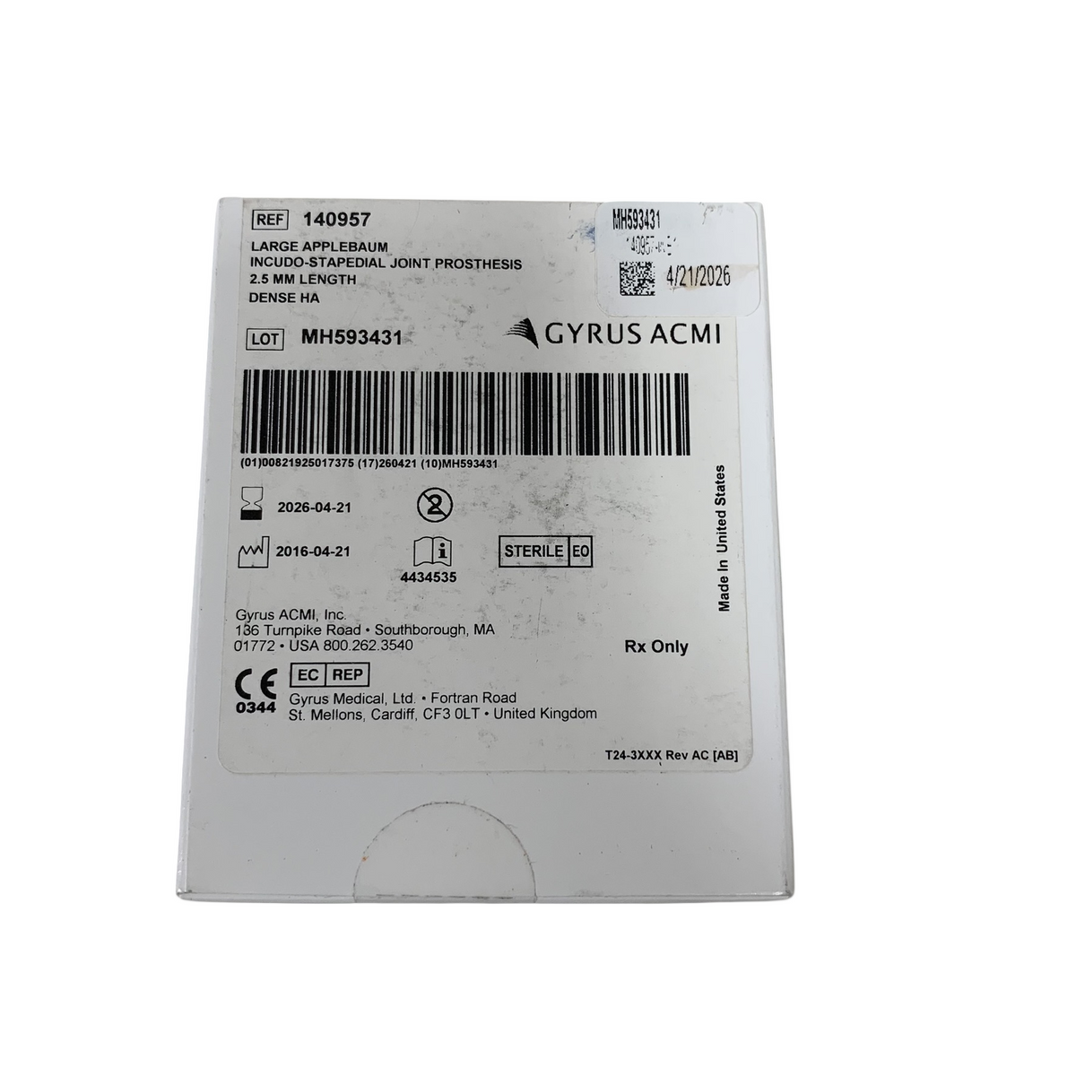 GYRUS ACMI 140957 LARGE APPLEBAUM IN CUDO STAPEDIAL JOINT PROSTHESIS 2.5 MM LENGTH DENSE HA EXP 2026 04
