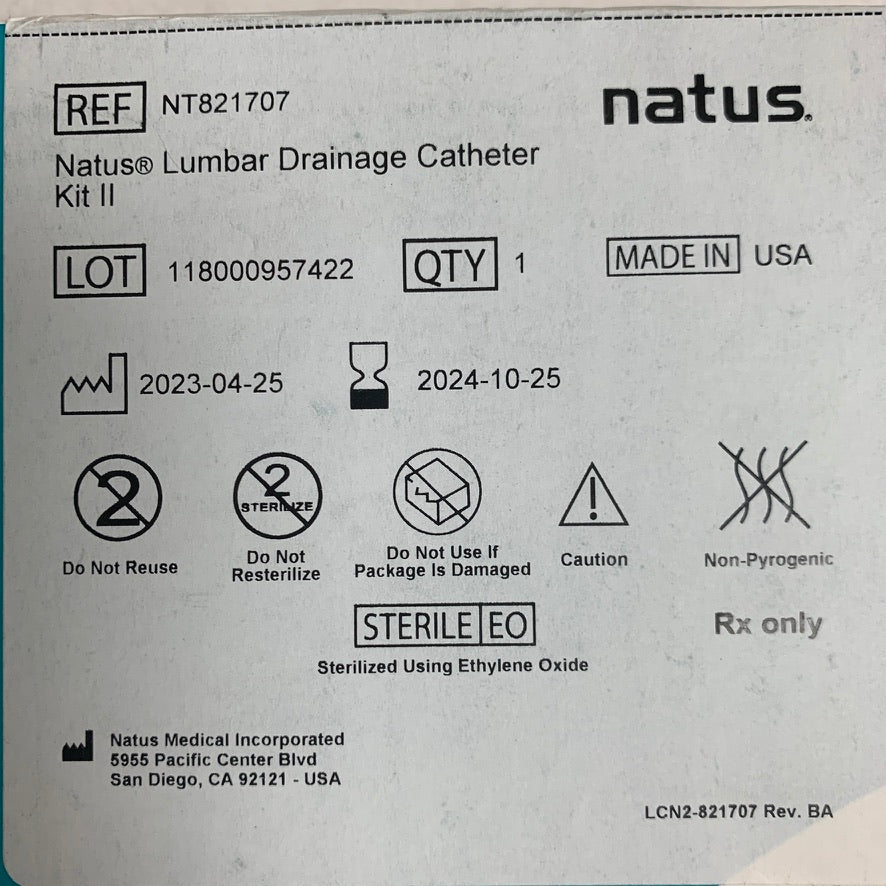NATUS MEDICAL NT821707 Lumbar Drainage Catheter Kit II Exp 2024 10