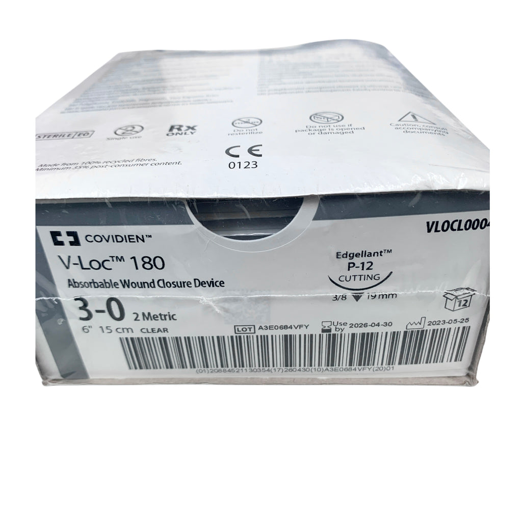 COVIDIEN REF VLOCL0004 V-Loc 180 Absorbable Wound Closure Suture | 3-0, 6" (15cm), Clear, P-12 Cutting Needle, Box of 12, EXP.2026-04