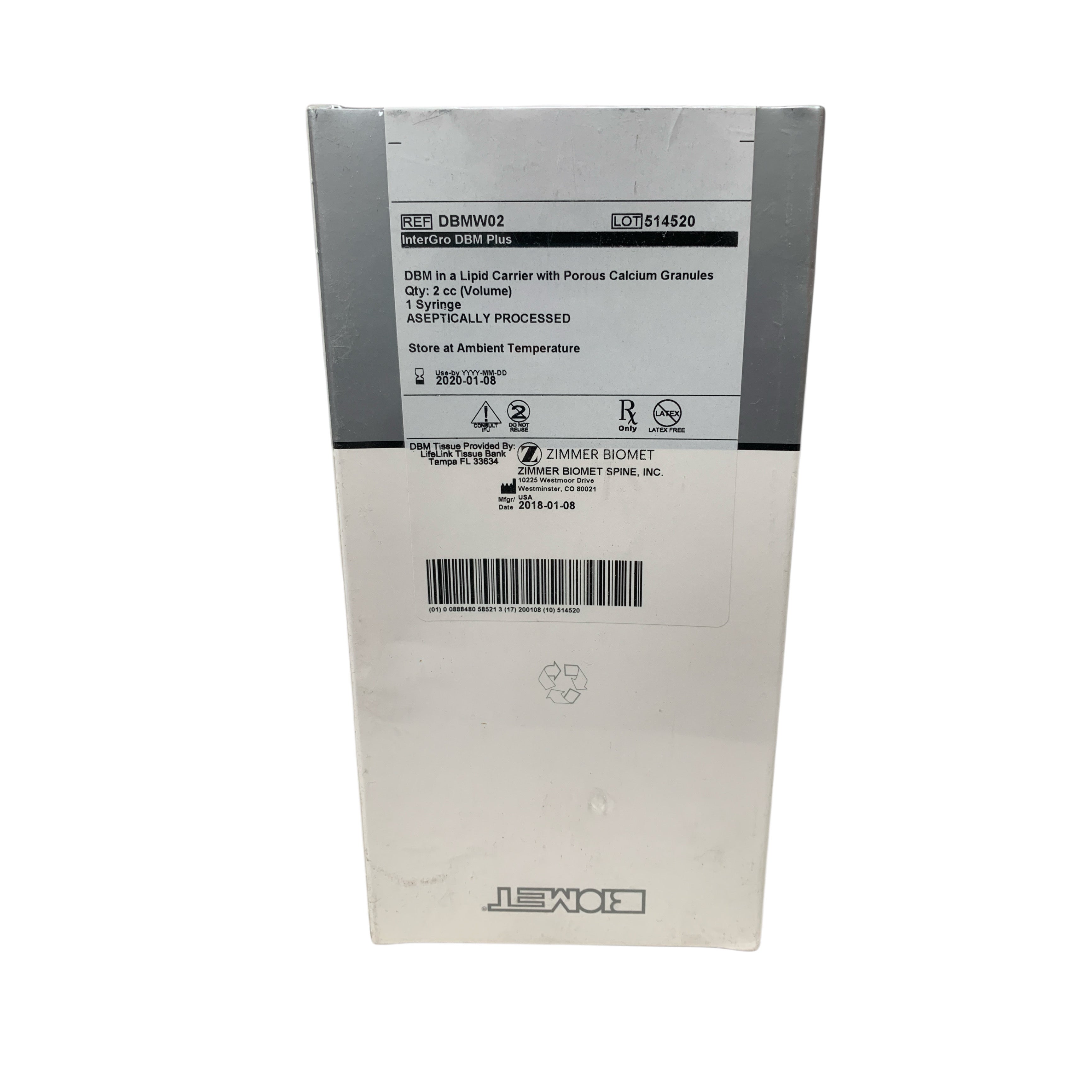 ZIMMER BIOMET REF DBMW02 InterGro DBM Plus 2 cc Exp 2020 01