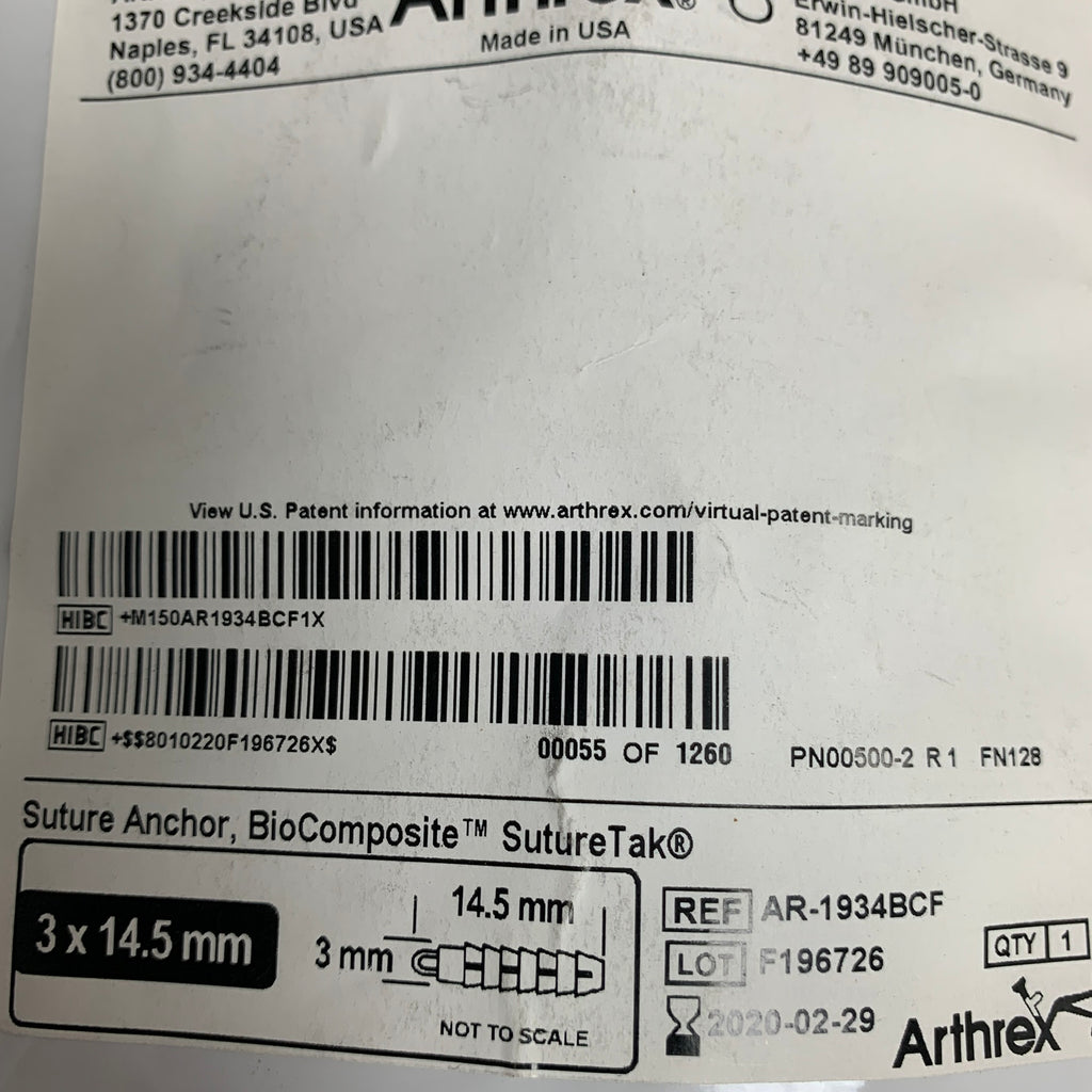 ARTHREX AR-1934BCF BioComposite SutureTak Suture Anchor 3x14.5mm, EXP 2020-02