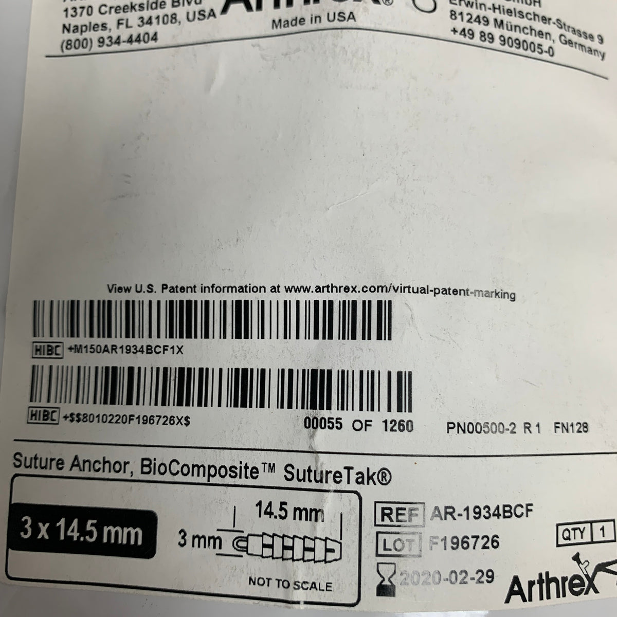 ARTHREX AR-1934BCF BioComposite SutureTak Suture Anchor 3x14.5mm, EXP 2020-02