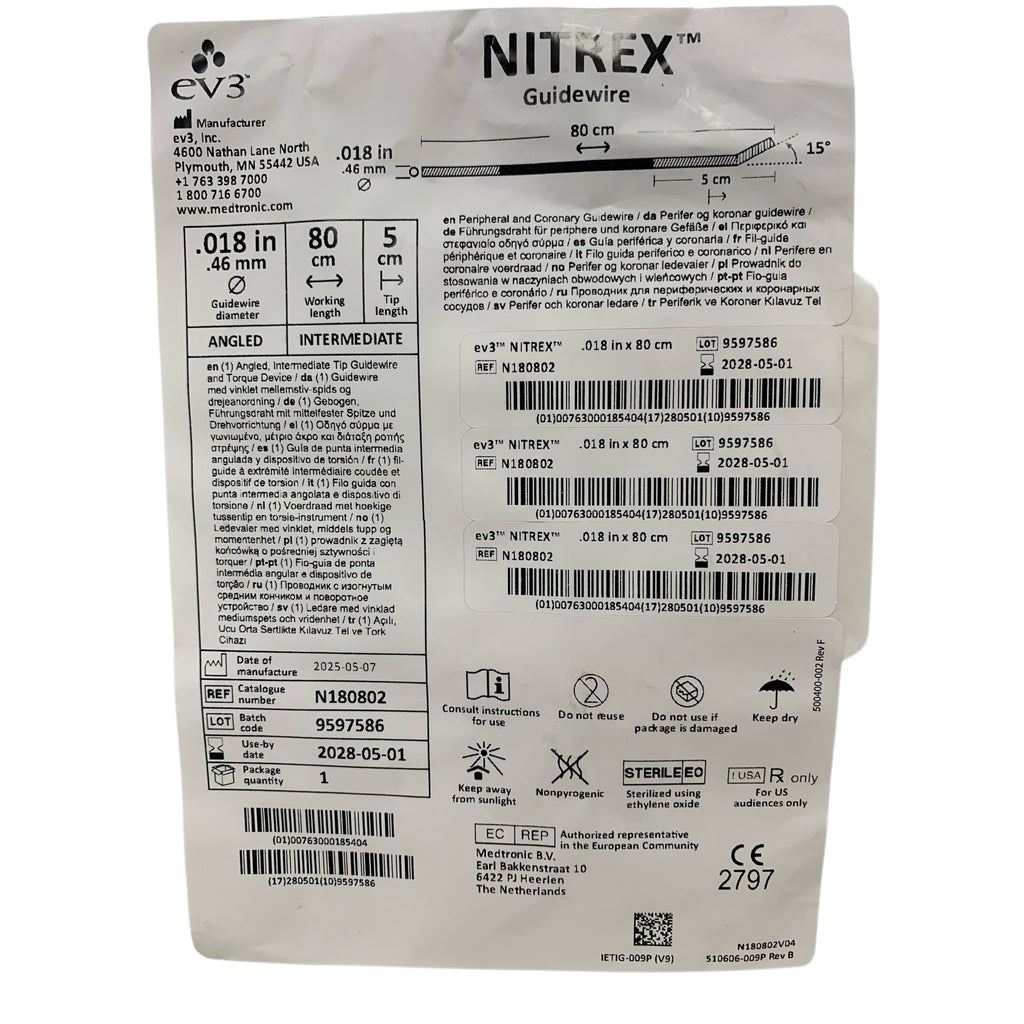 EV3 N180802 Nitrex Guidewire Angled Intermediate 0.018 in x 80 cm 5 cm Exp 2028 05