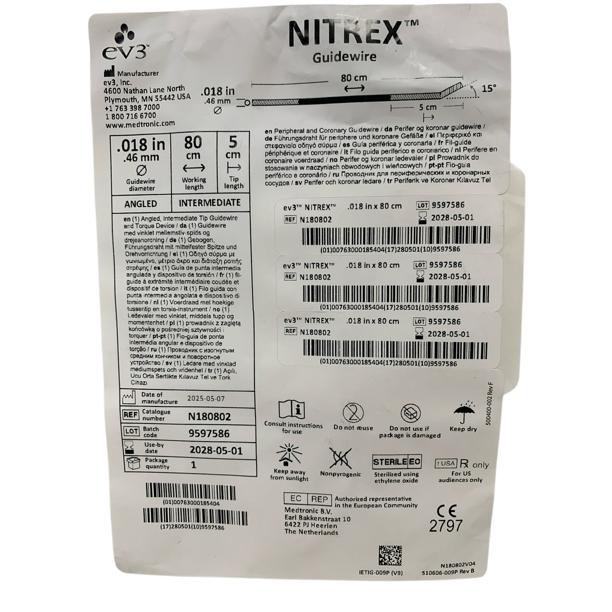 EV3 N180802 Nitrex Guidewire Angled Intermediate 0.018 in x 80 cm 5 cm Exp 2028 05