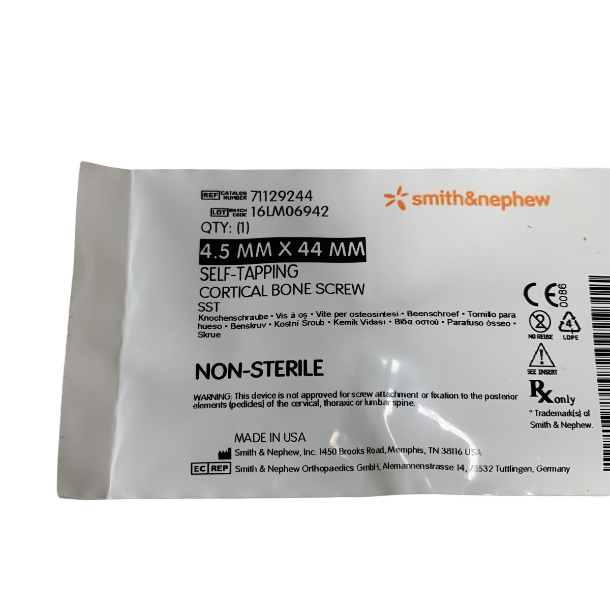 SMITH & NEPHEW 71129244  Self-Tapping Cortical Bone Screw SST 4.5 MM X 44 MM