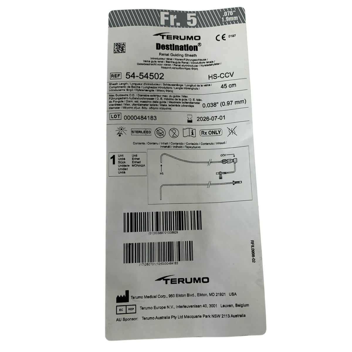 TERUMO 54-54502 Destination Renal Guiding Sheath 5Fr 45cm Exp 2026 07
