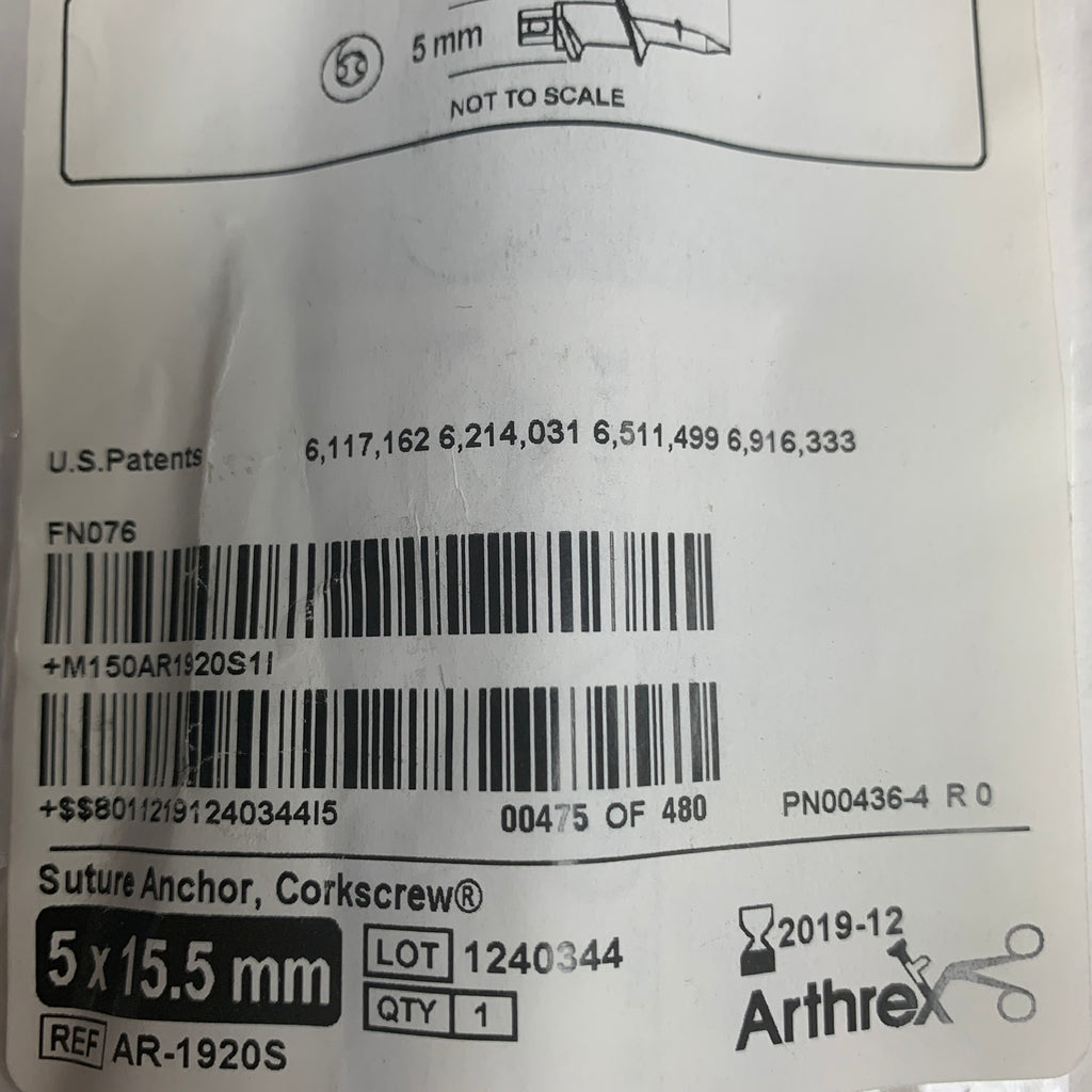 ARTHREX AR-1920S Titanium Corkscrew Suture Anchor 5x15.5mm EXP 2019 12
