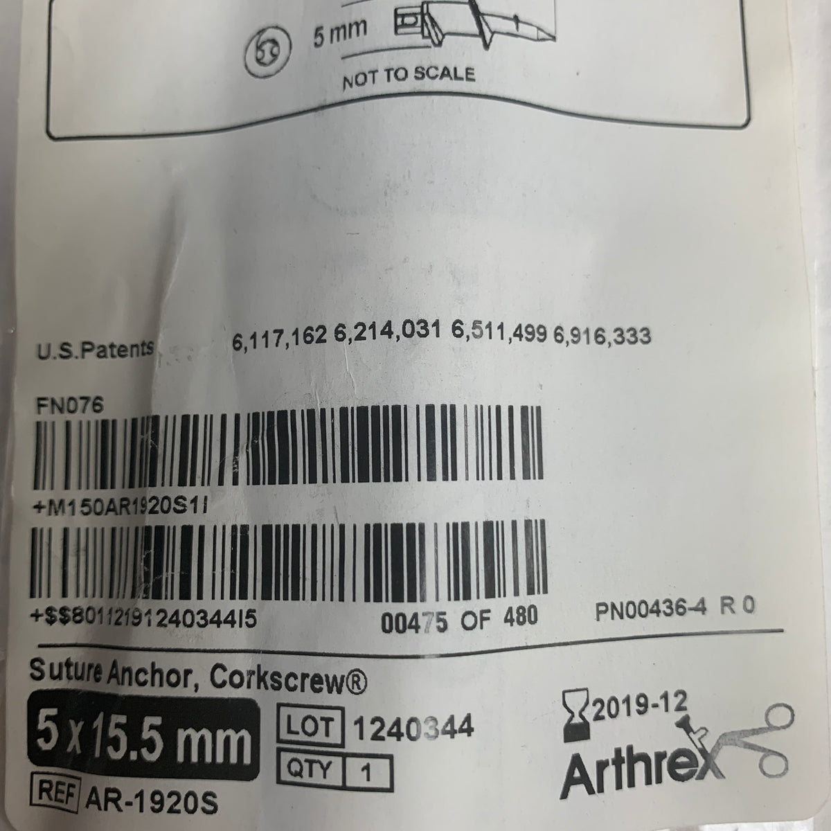 ARTHREX AR-1920S Titanium Corkscrew Suture Anchor 5x15.5mm EXP 2019 12