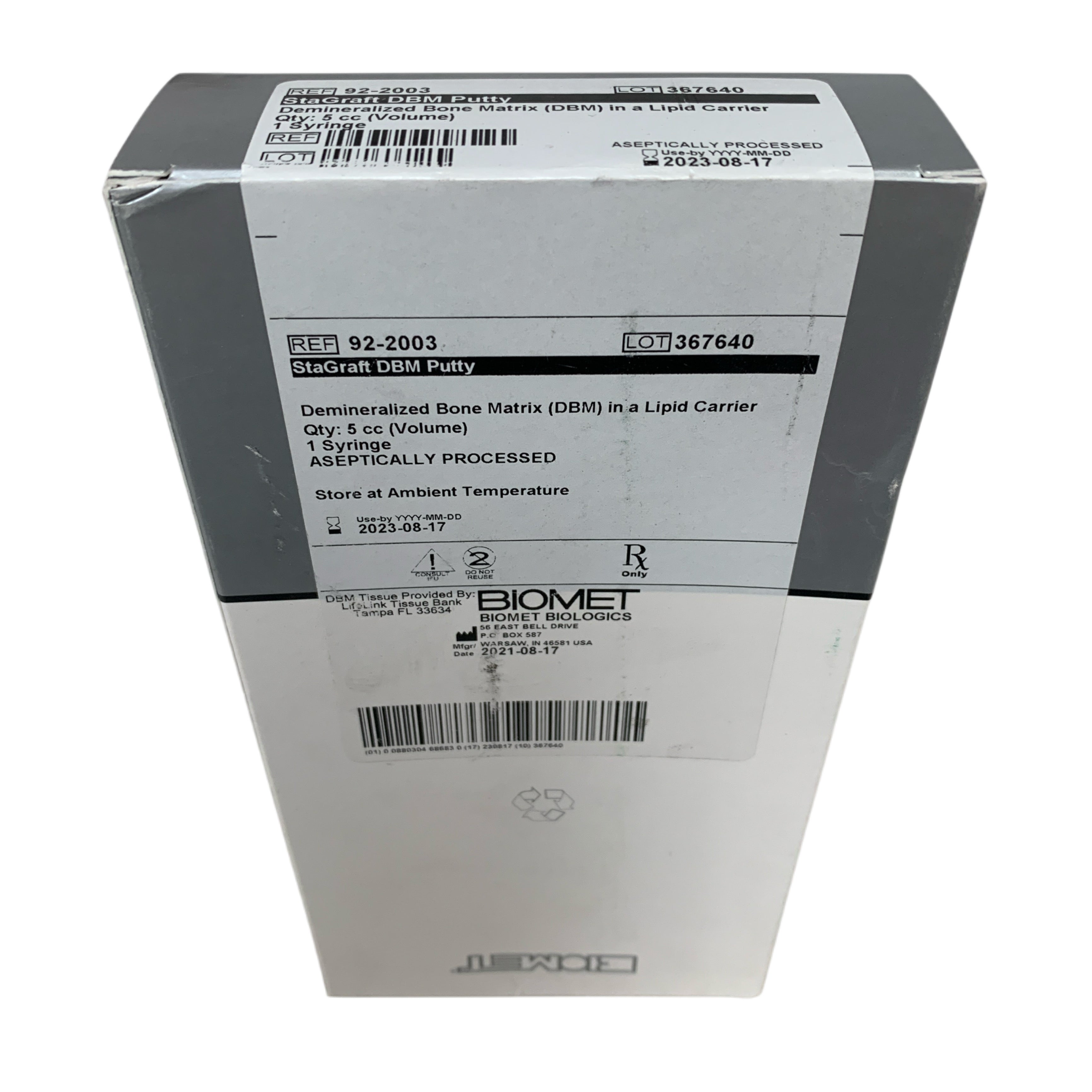 BIOMET REF 92-2003 StaGraft DBM Putty Demineralized Bone Matrix in a Lipid Carrier 5 cc 1 Syringe Exp 2023 08