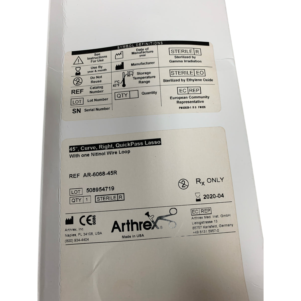 ARTHREX AR-6068-45R 45° Curve Right QuickPass Lasso With One Nitinol Wire Loop Exp 2020 04