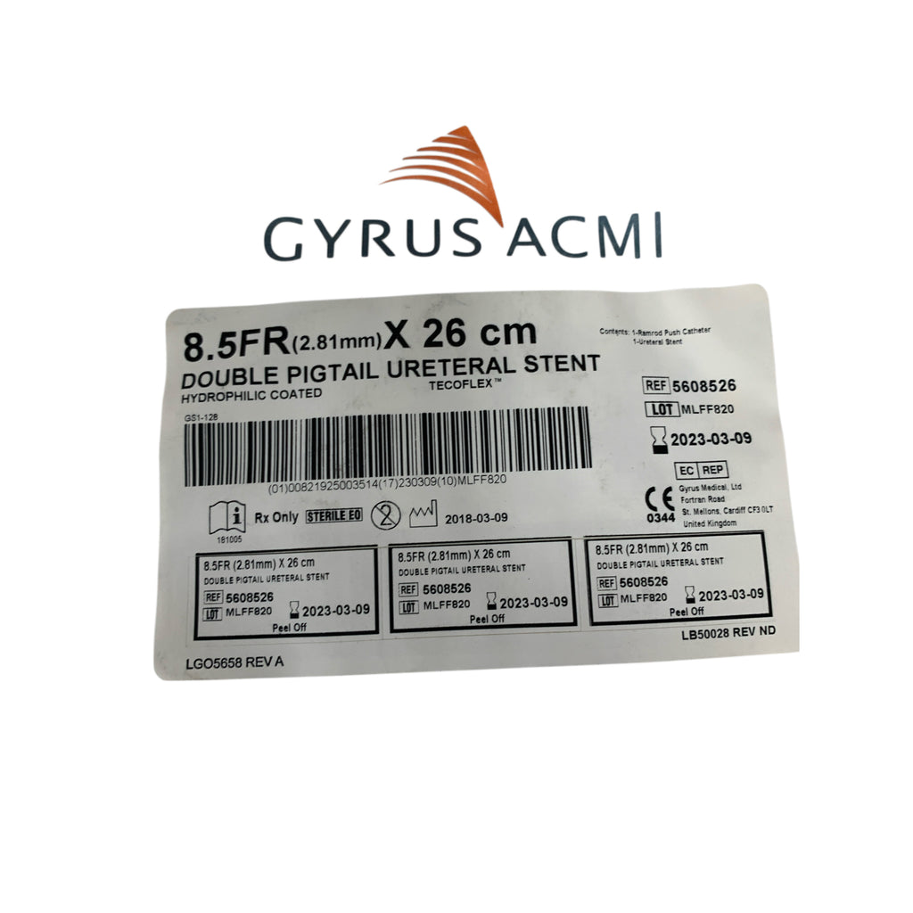 GYRUS ACMI 5608526 Tecoflex Double Pigtail Ureteral Stent Hydrophilic Coated 8.5FR x 26 cm Exp 2023 03