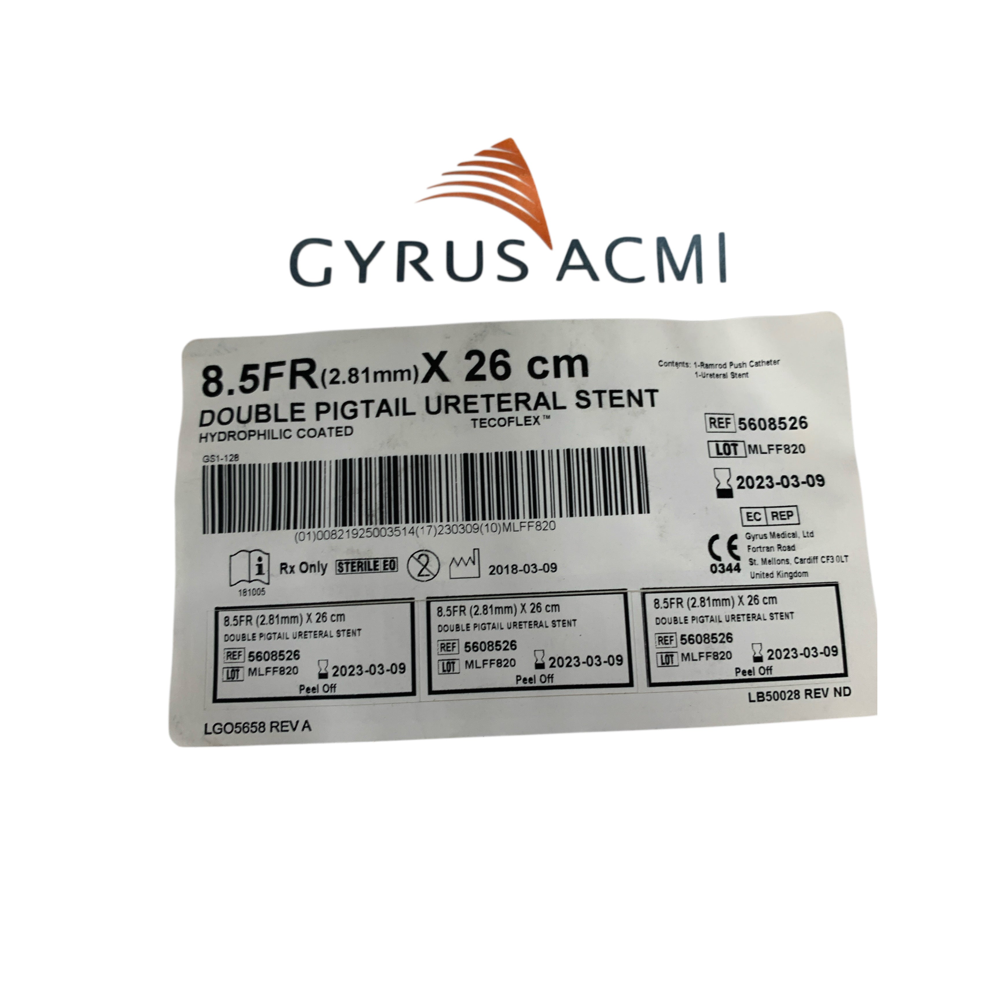 GYRUS ACMI 5608526 Tecoflex Double Pigtail Ureteral Stent Hydrophilic Coated 8.5FR x 26 cm Exp 2023 03