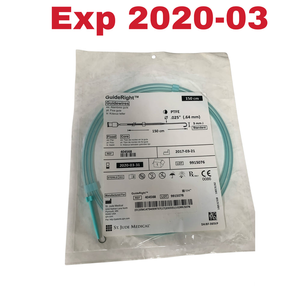 ST JUDE MEDICAL 404568 GuideRight PTFE Guidewire .025 Inch .64 mm 150 cm 3 mm J Exp 2020 03