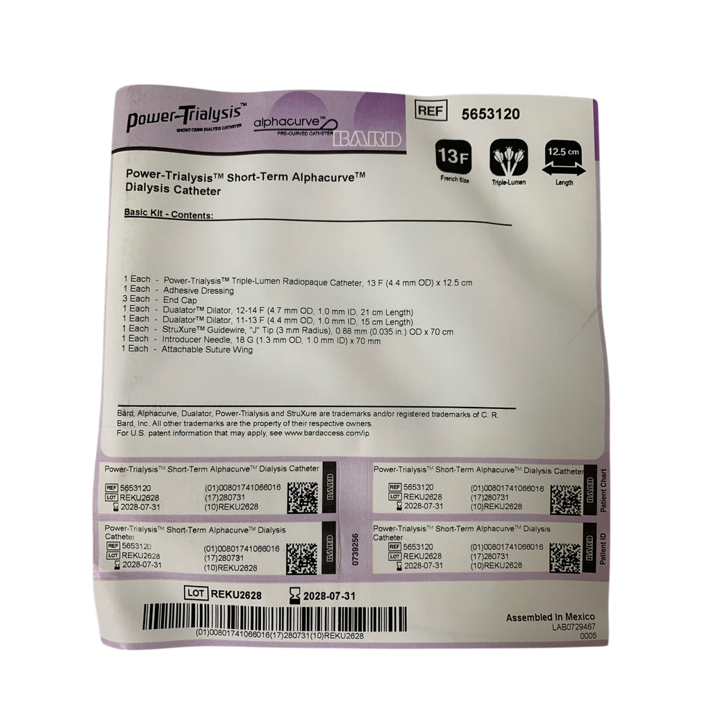 BARD 5653120 Power Trialysis Short-Term Alphacurve Dialysis Catheter Kit 13F Triple-Lumen 12.5 cm Exp 2028 07