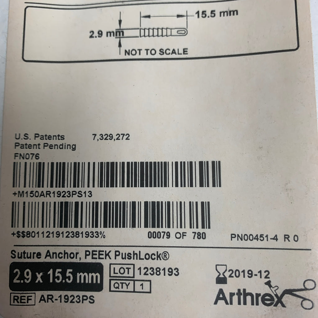 ARTHREX AR-1923PS PEEK PushLock Suture Anchor 2.9 x 15.5mm EXP 2019 12