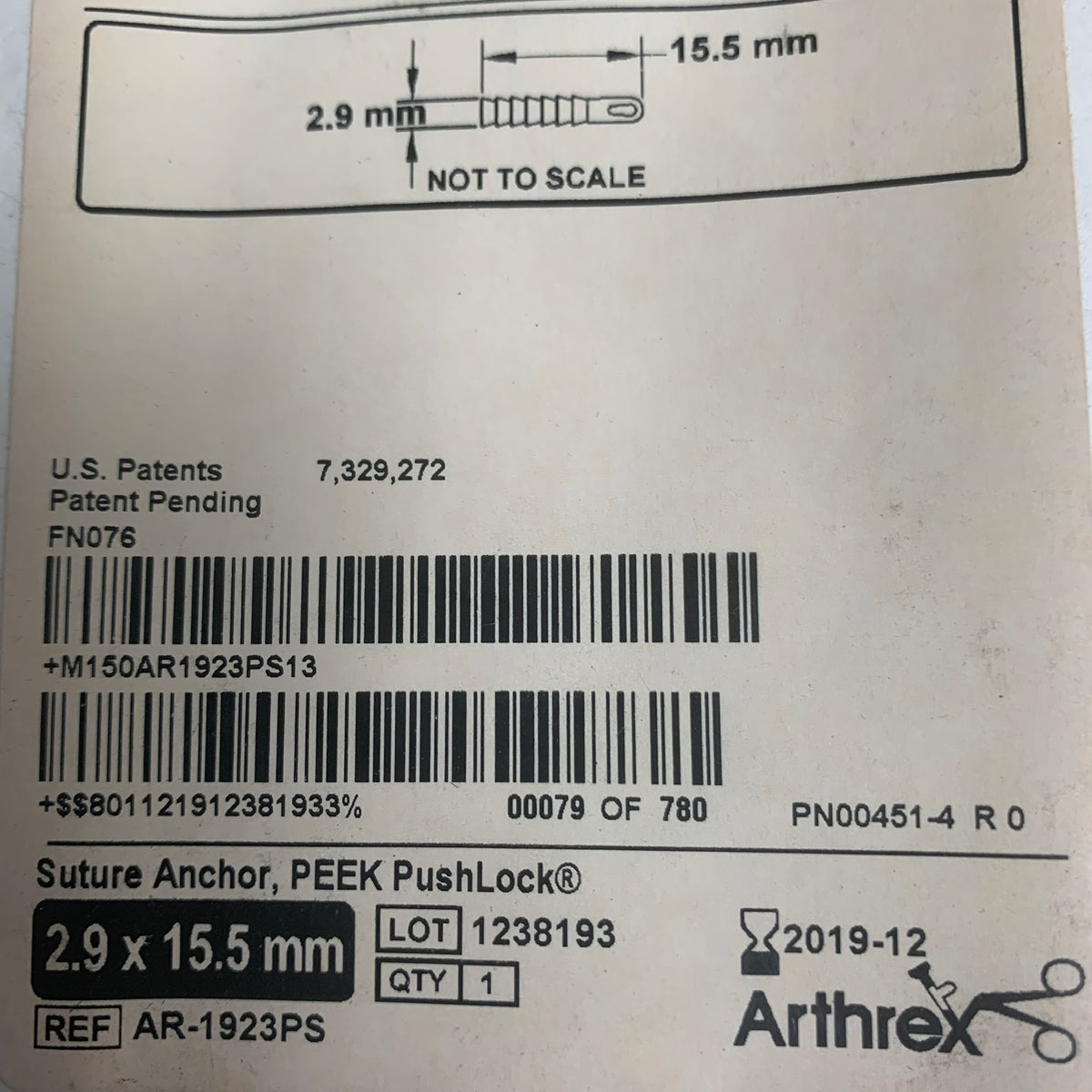 ARTHREX AR-1923PS PEEK PushLock Suture Anchor 2.9 x 15.5mm EXP 2019 12