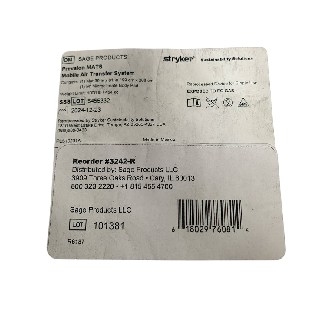 SAGE PRODUCTS REF 3242-R Prevalon MATS Mobile Air Transfer System 39 in x 81 in / 99 cm x 206 cm exp 2024 12