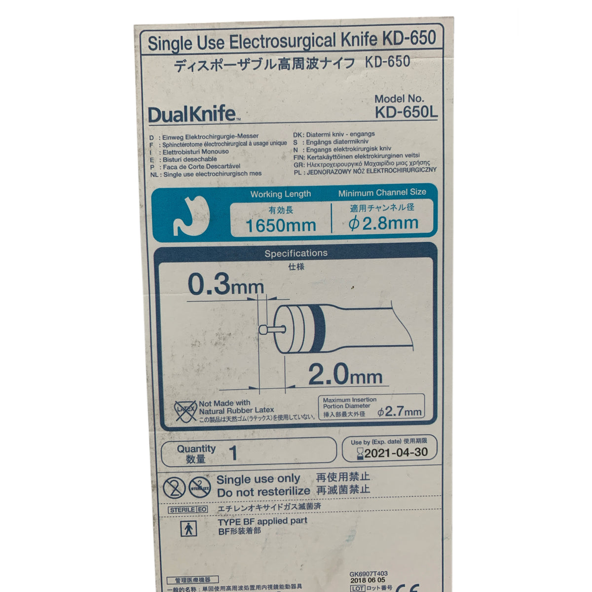 OLYMPUS KD-650L DualKnife Single Use Electrosurgical Knife 1650mm Min Channel Size 2.8mm Max Insertion Portion Diameter 2.7mm Exp 2021 04