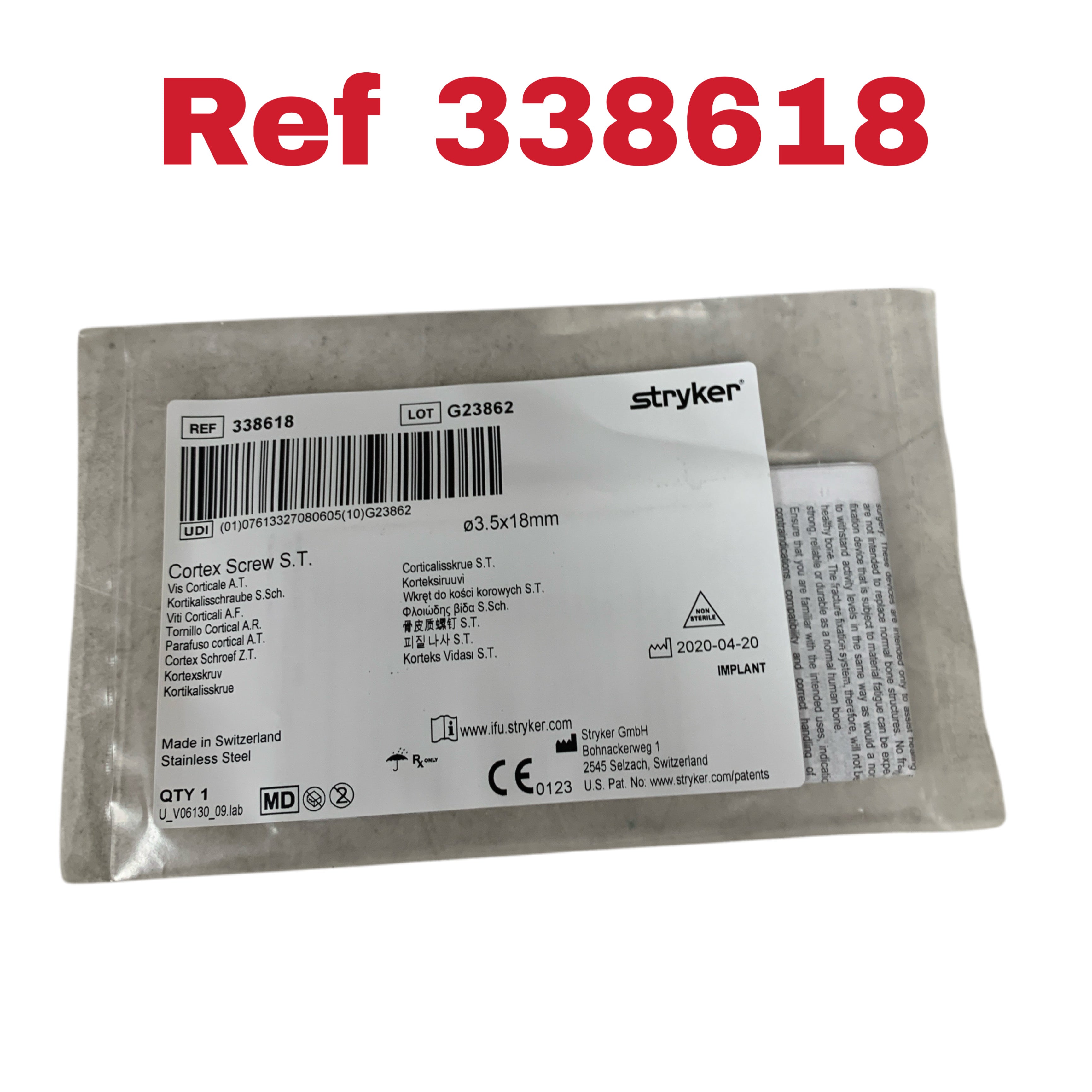 STRYKER 338618 Cortex Screw S.T. Stainless Steel 3.5x18mm Non-Sterile